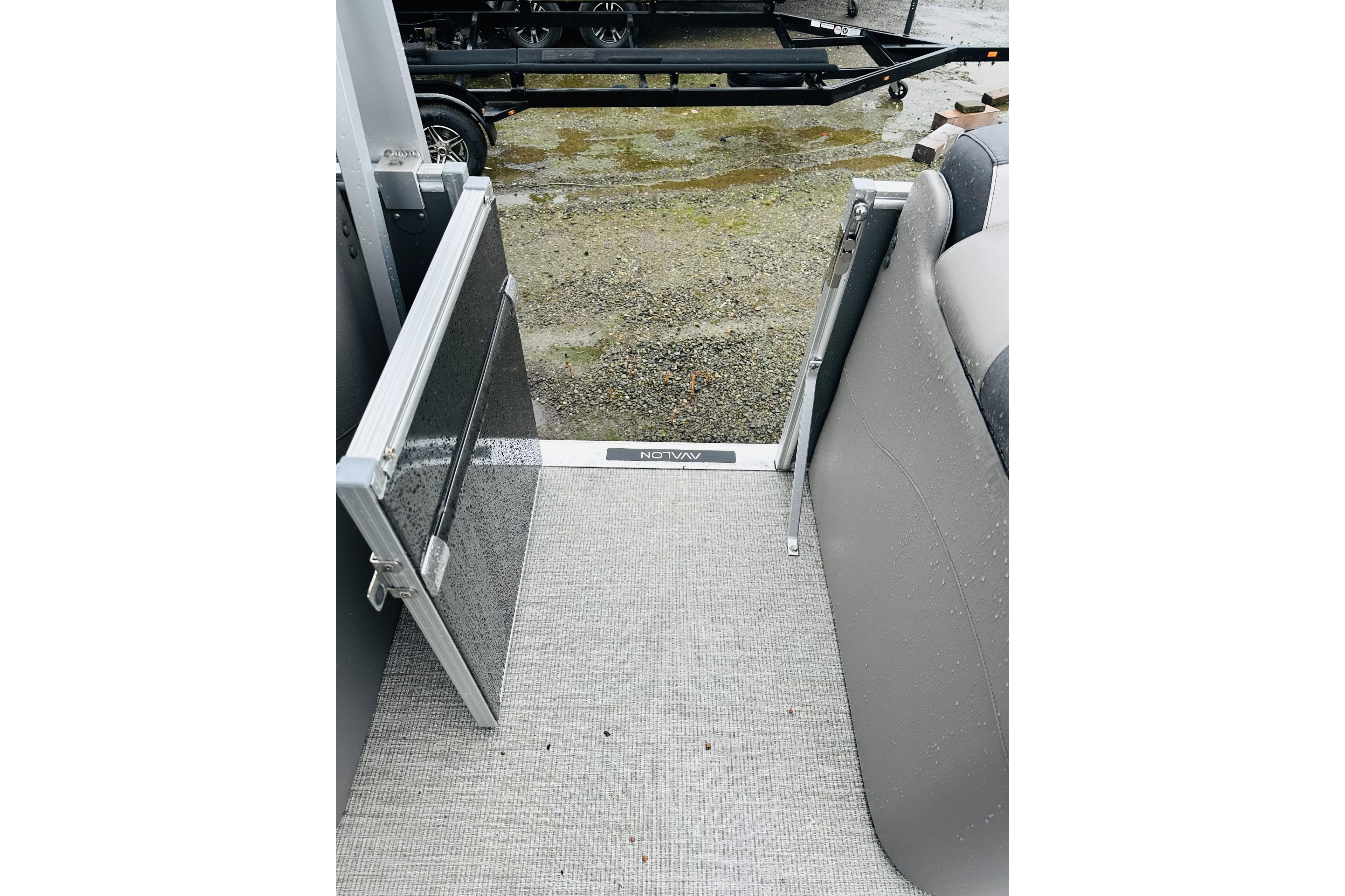 2025 Avalon Catalina Cruise Funship entrance with open gate, showcasing interior flooring.