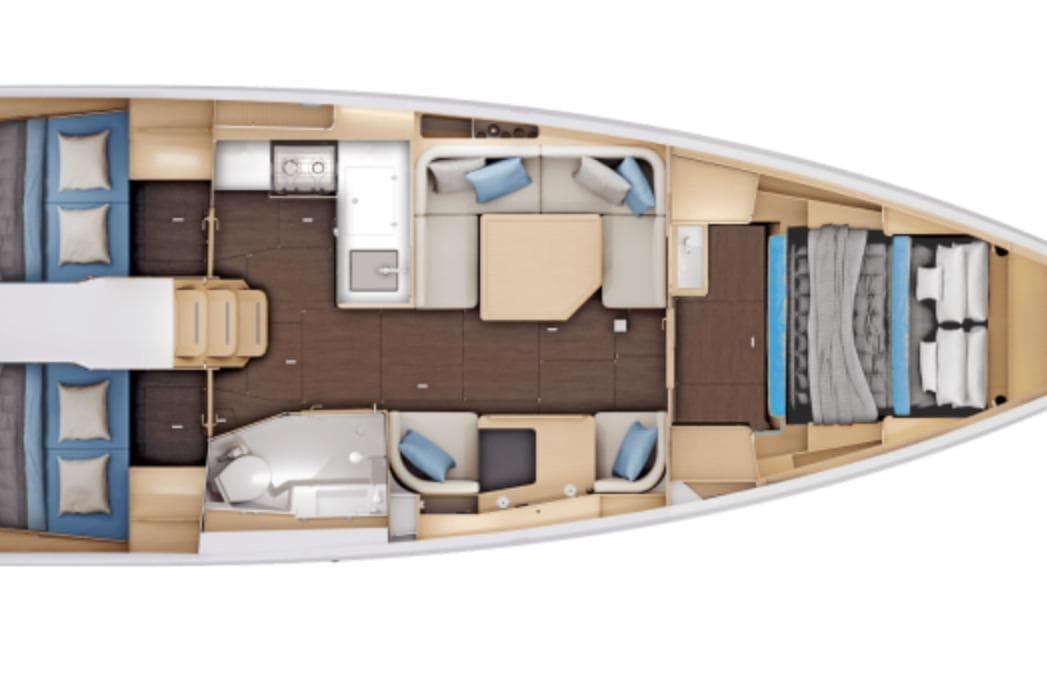 Interior layout of 2026 Jeanneau Sun Odyssey 415 sailboat, featuring cabins and living spaces.