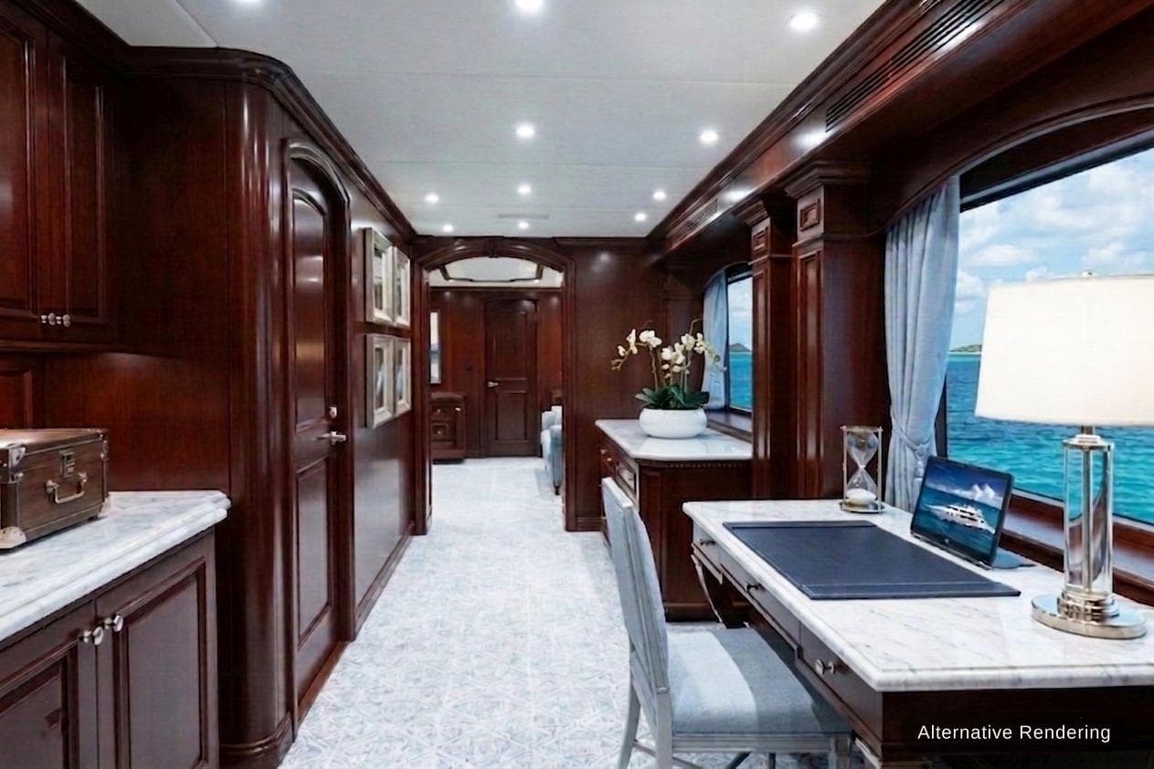 Luxurious interior of 2003 Trinity Yachts motoryacht with elegant wood finishes and ocean view.
