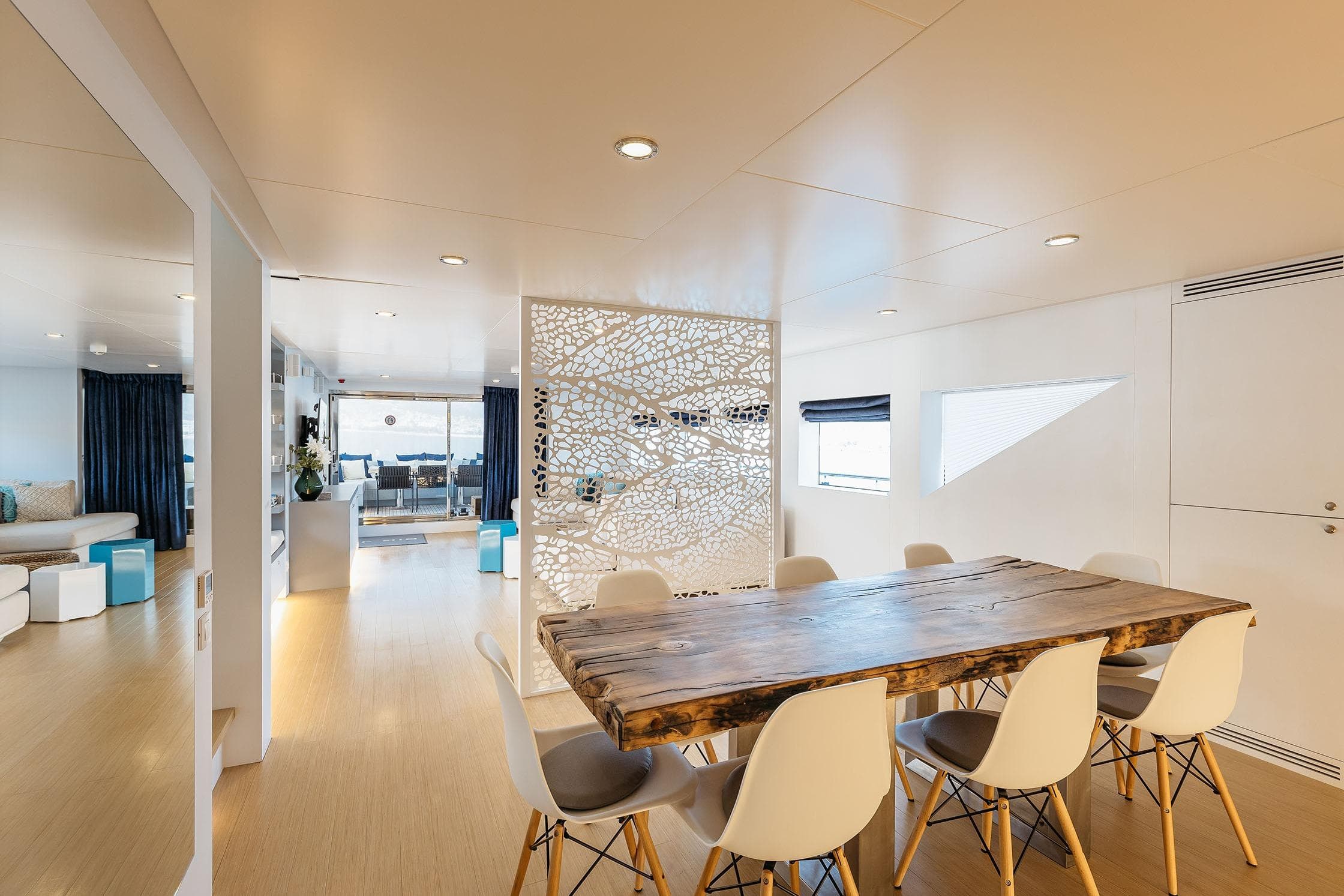 Luxurious interior of 2018 Arkin Pruva Argos Custom Explorer 27M yacht with modern dining area.