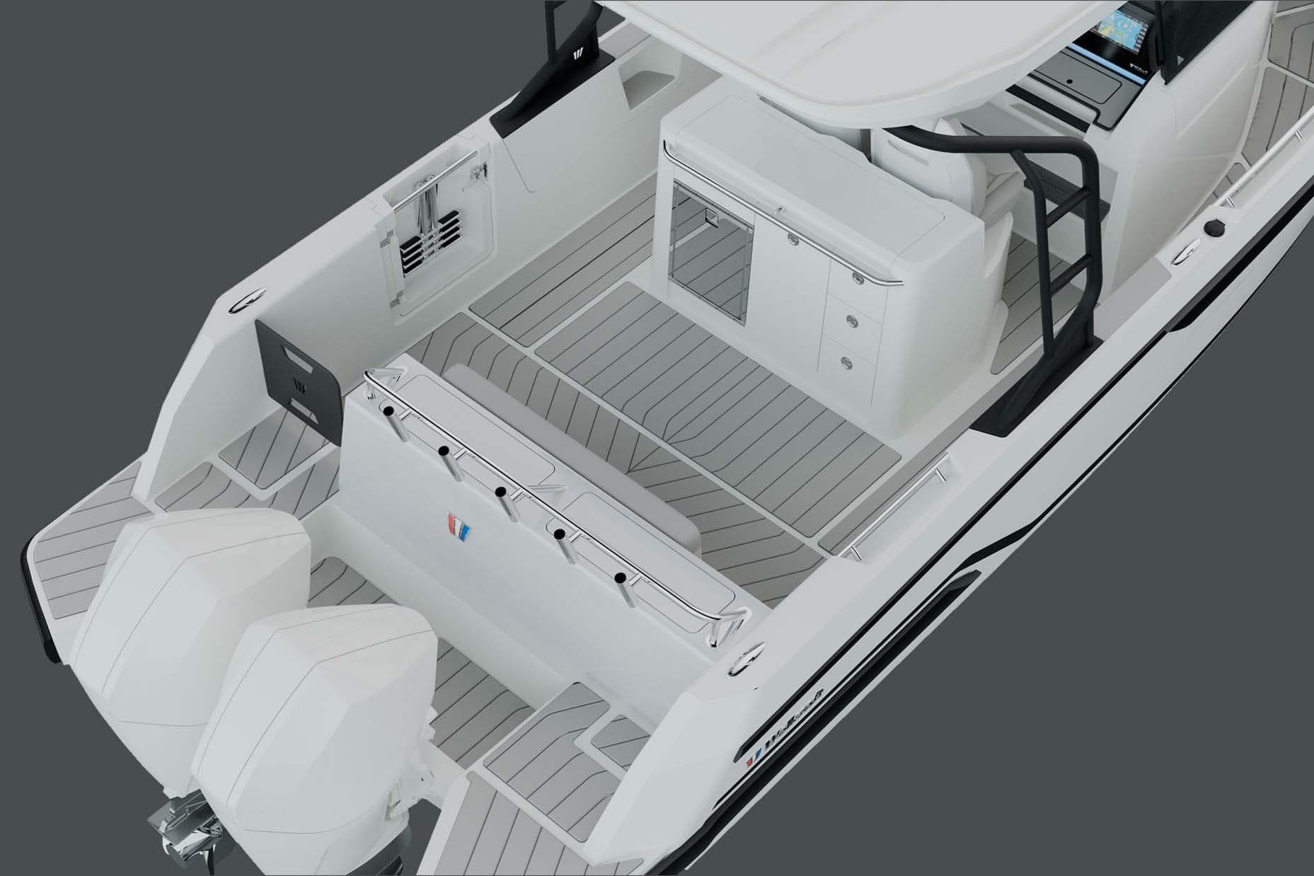 Manufacturer Provided Image: 2026 Wellcraft 28 Explorer boat interior with dual engines and sleek design.