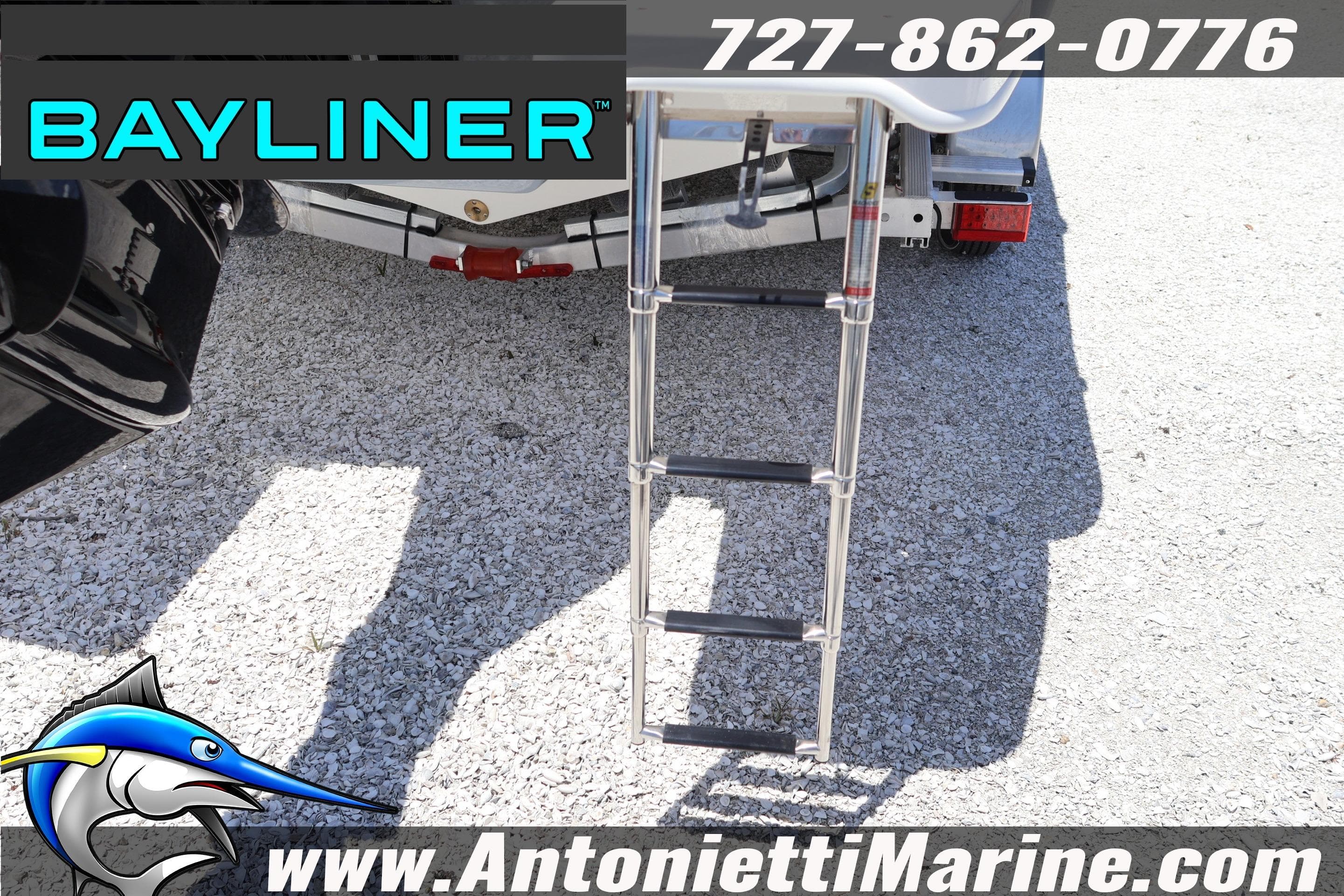 Bayliner D20 2026 boat ladder and trailer, Antonietti Marine contact details visible.