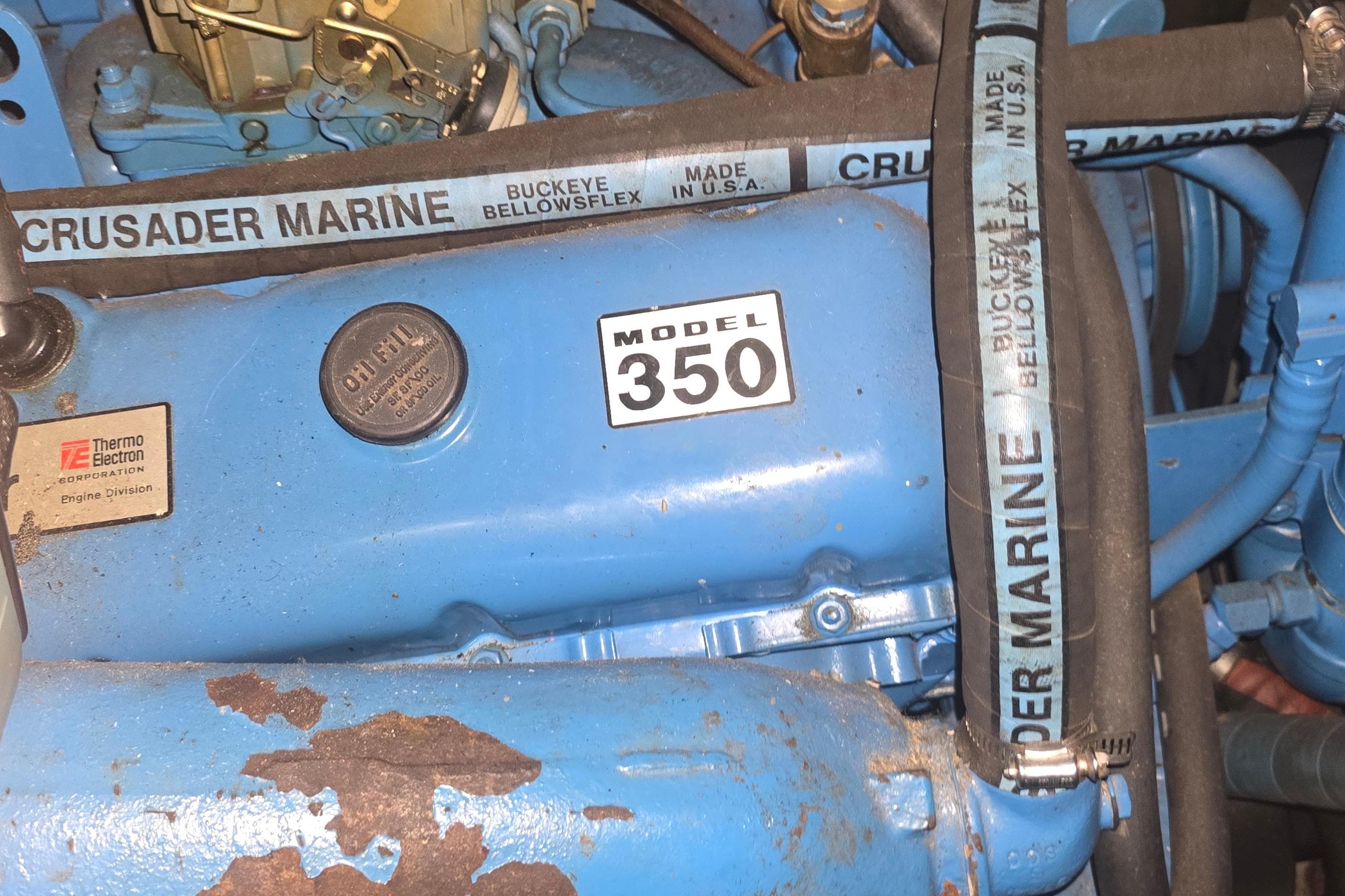 Engine of 1986 Tollycraft 34 Sundeck with Crusader Marine Model 350 components.