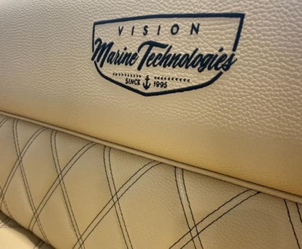 2024 Vision Marine Technologies Fantail 217 boat seat with logo and stitching detail.