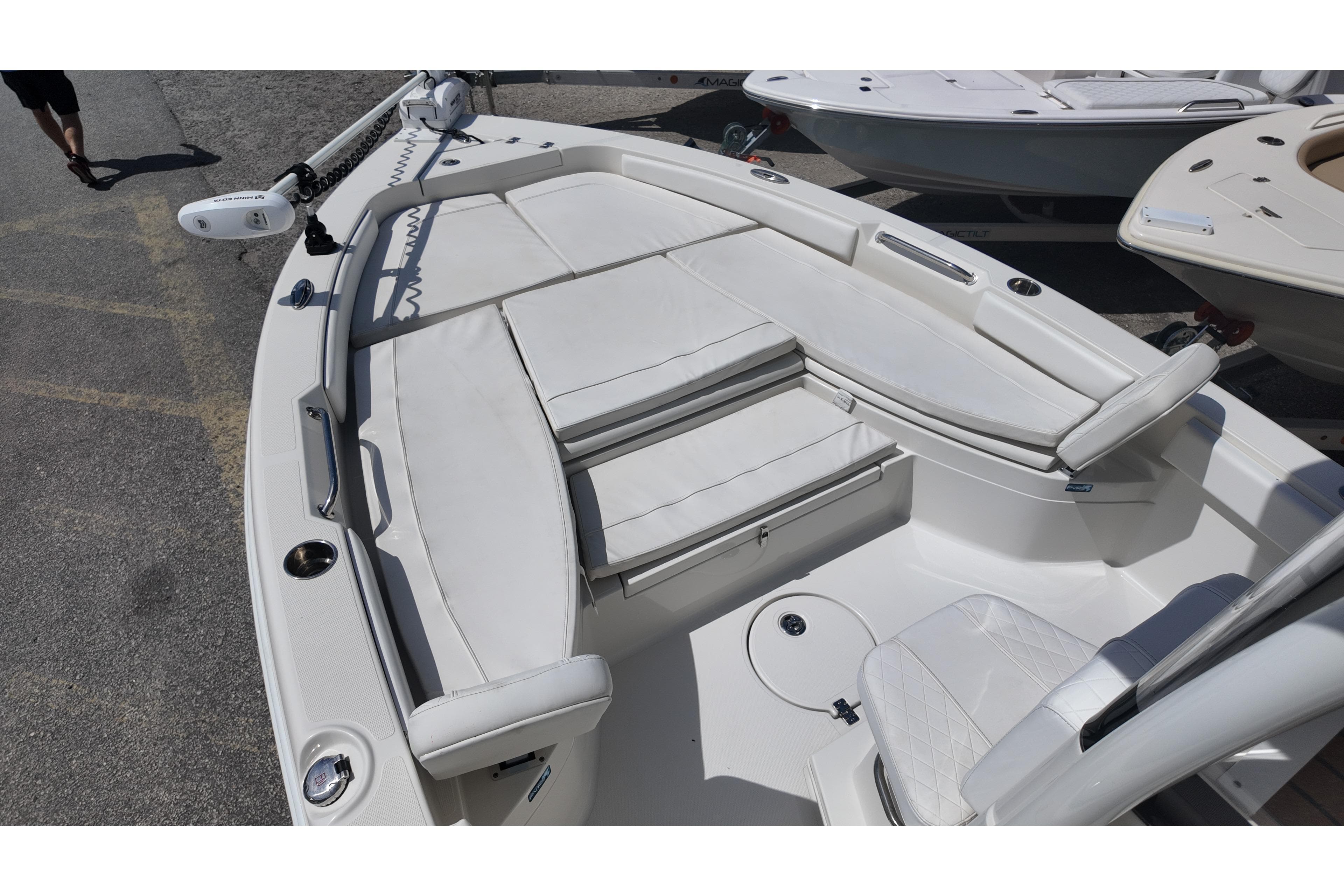 2024 Ranger 2660 Bay boat interior with white seating and modern design.