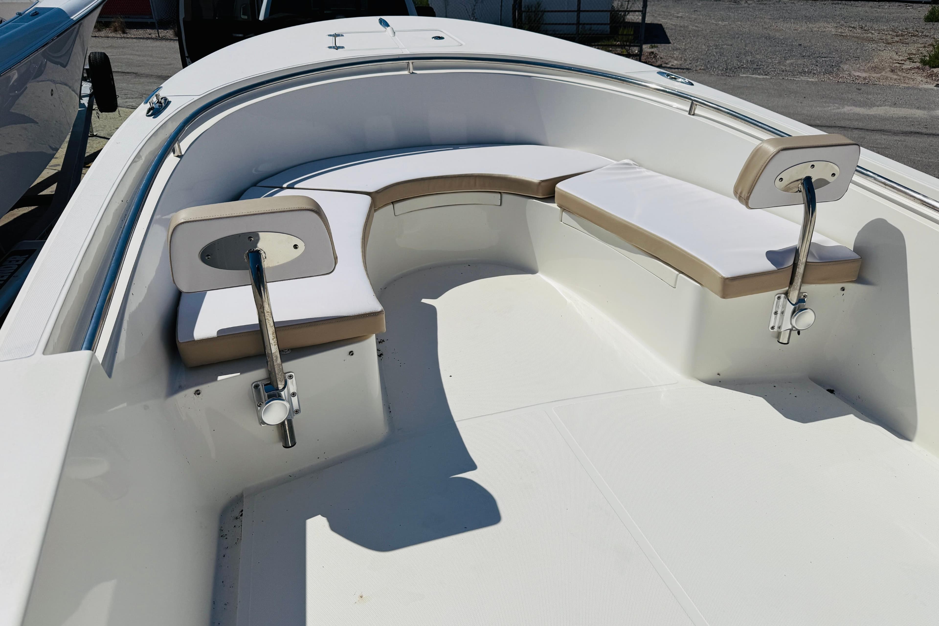2023 Banks Panga 23 Center Console boat interior with cushioned seating and adjustable backrests.