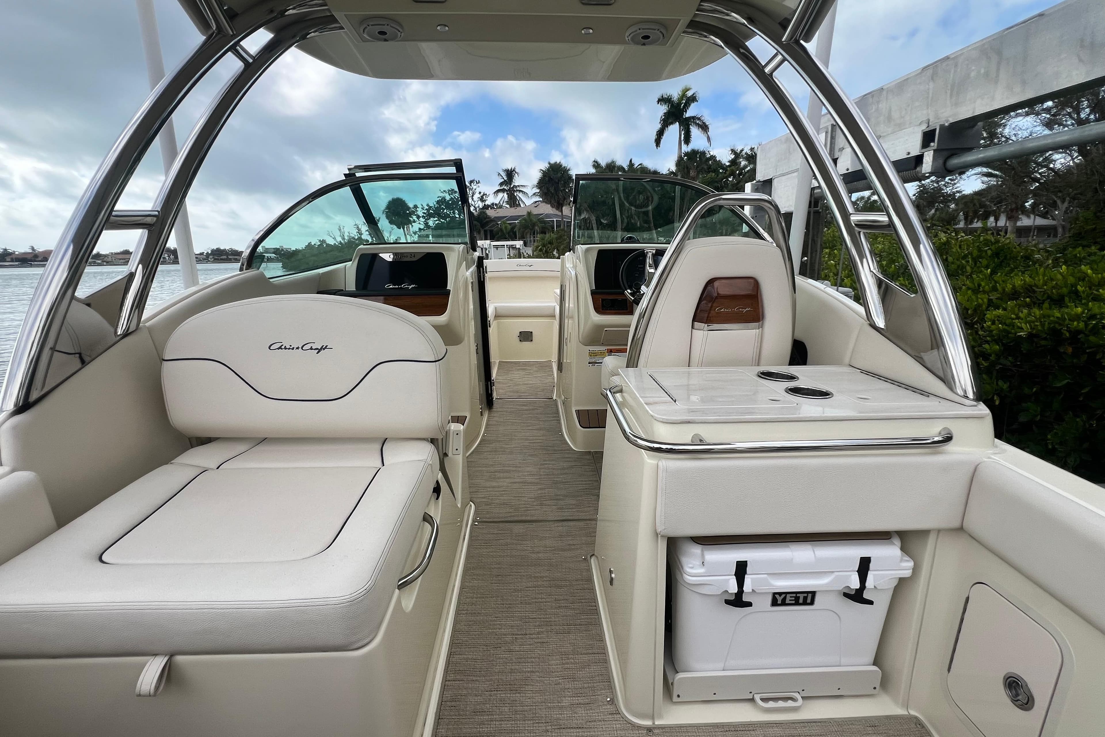 2024 Chris-Craft Calypso 24 boat interior with elegant seating and modern design.