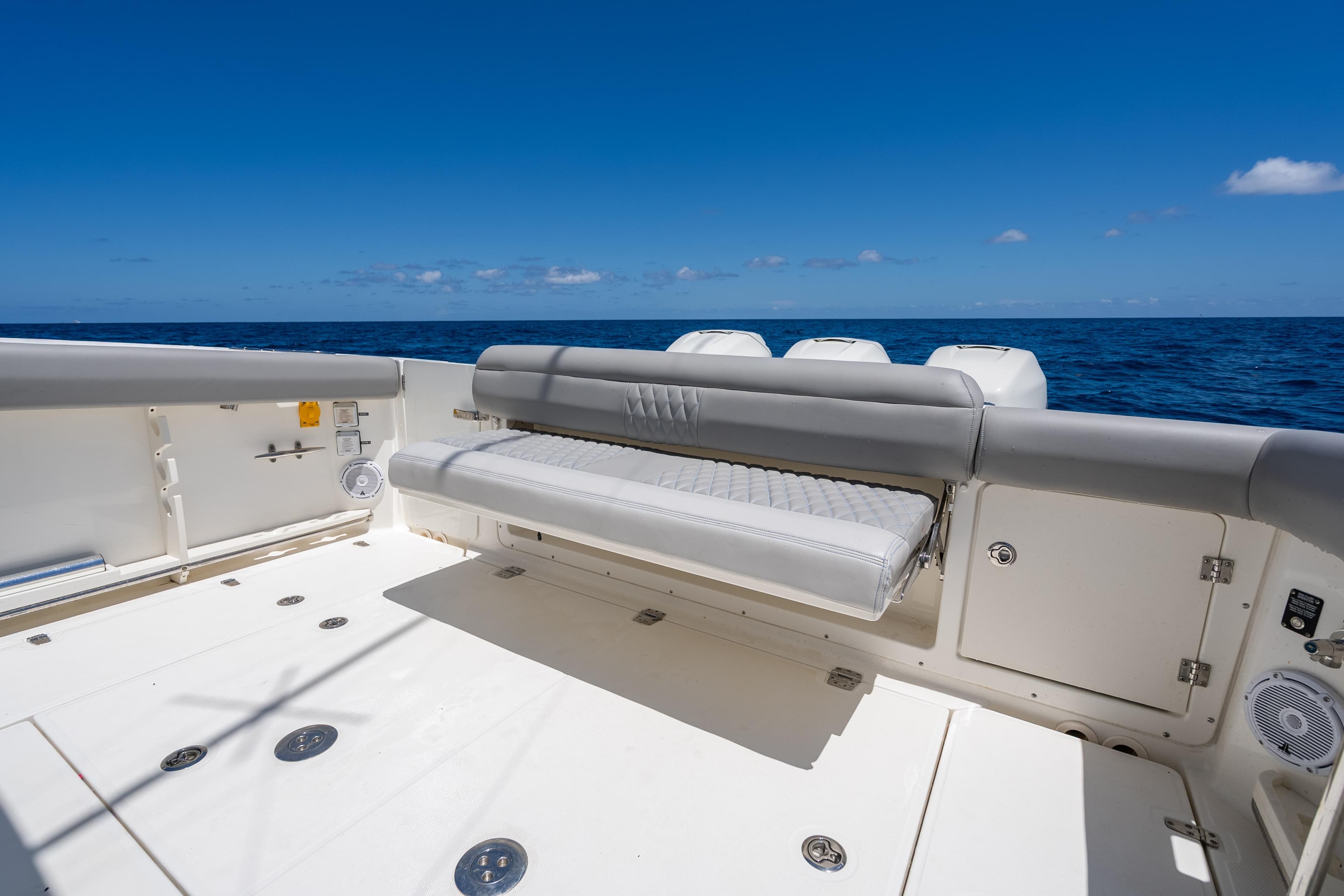 2020 Boston Whaler 380 Outrage boat deck with seating, ocean view.