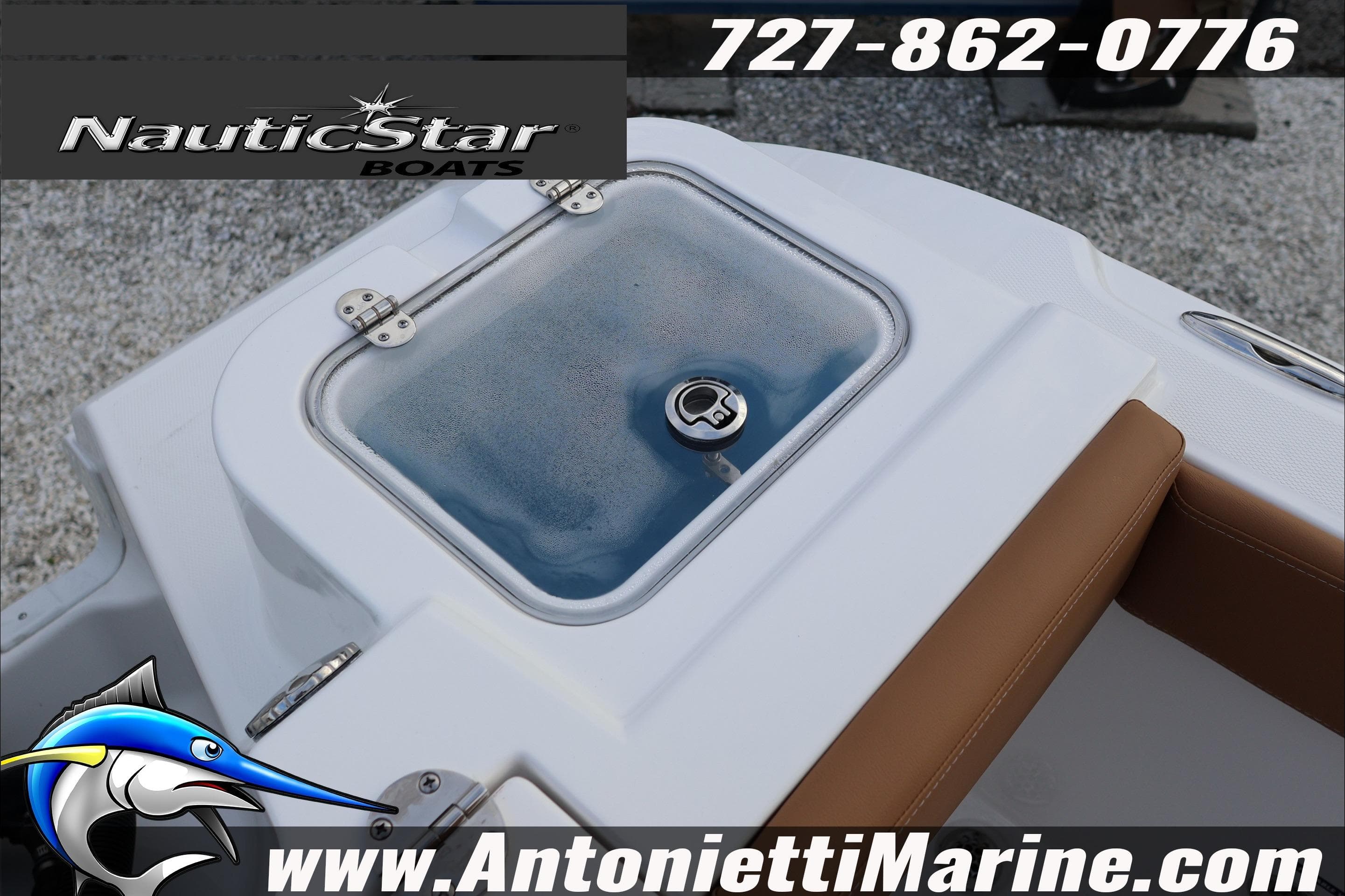 2026 NauticStar 222 Offshore boat detail with livewell and seating, Antonietti Marine branding.
