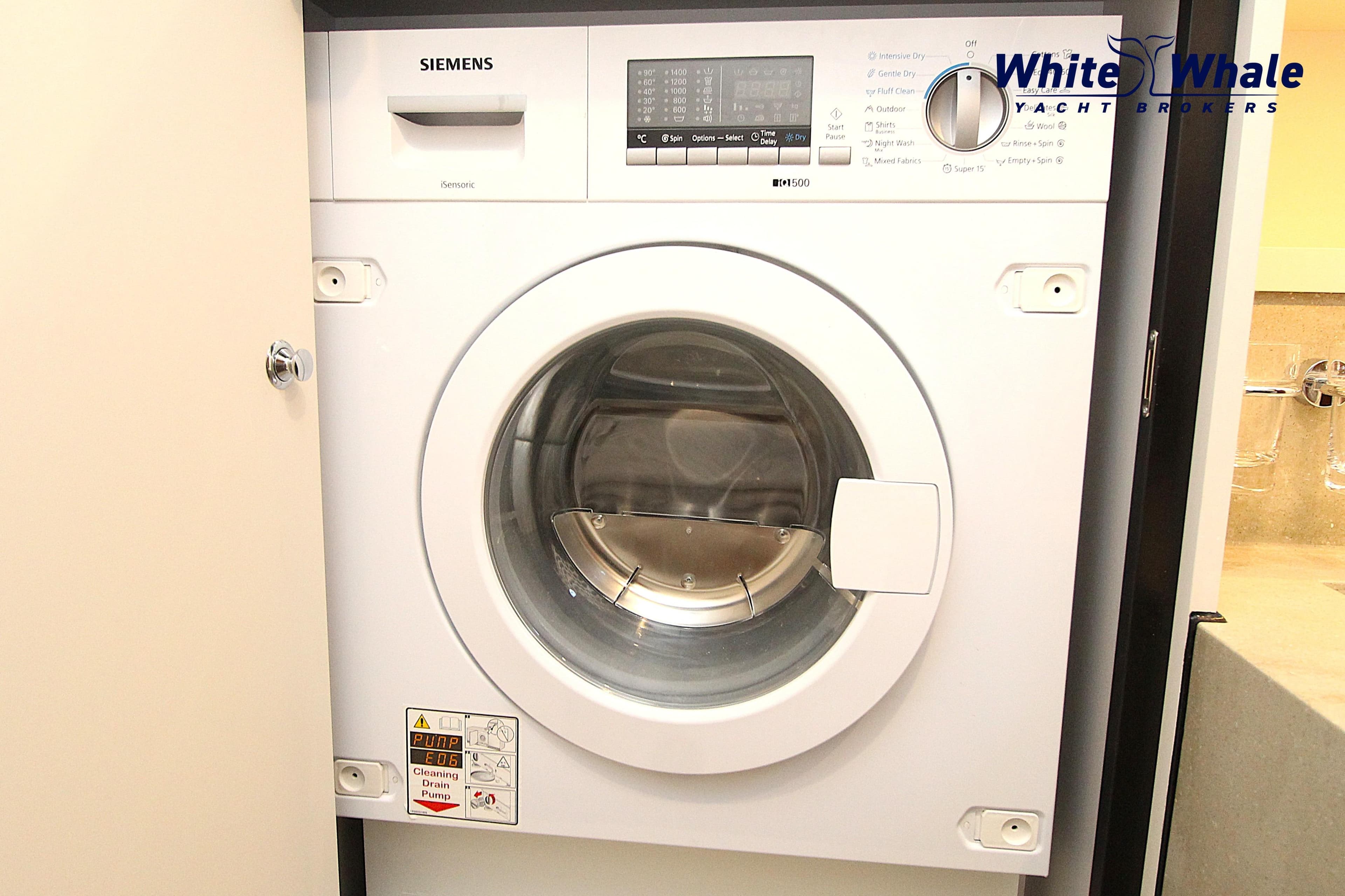 Siemens washing machine inside Linssen Grand Sturdy 500 Sedan yacht, 2023 model.