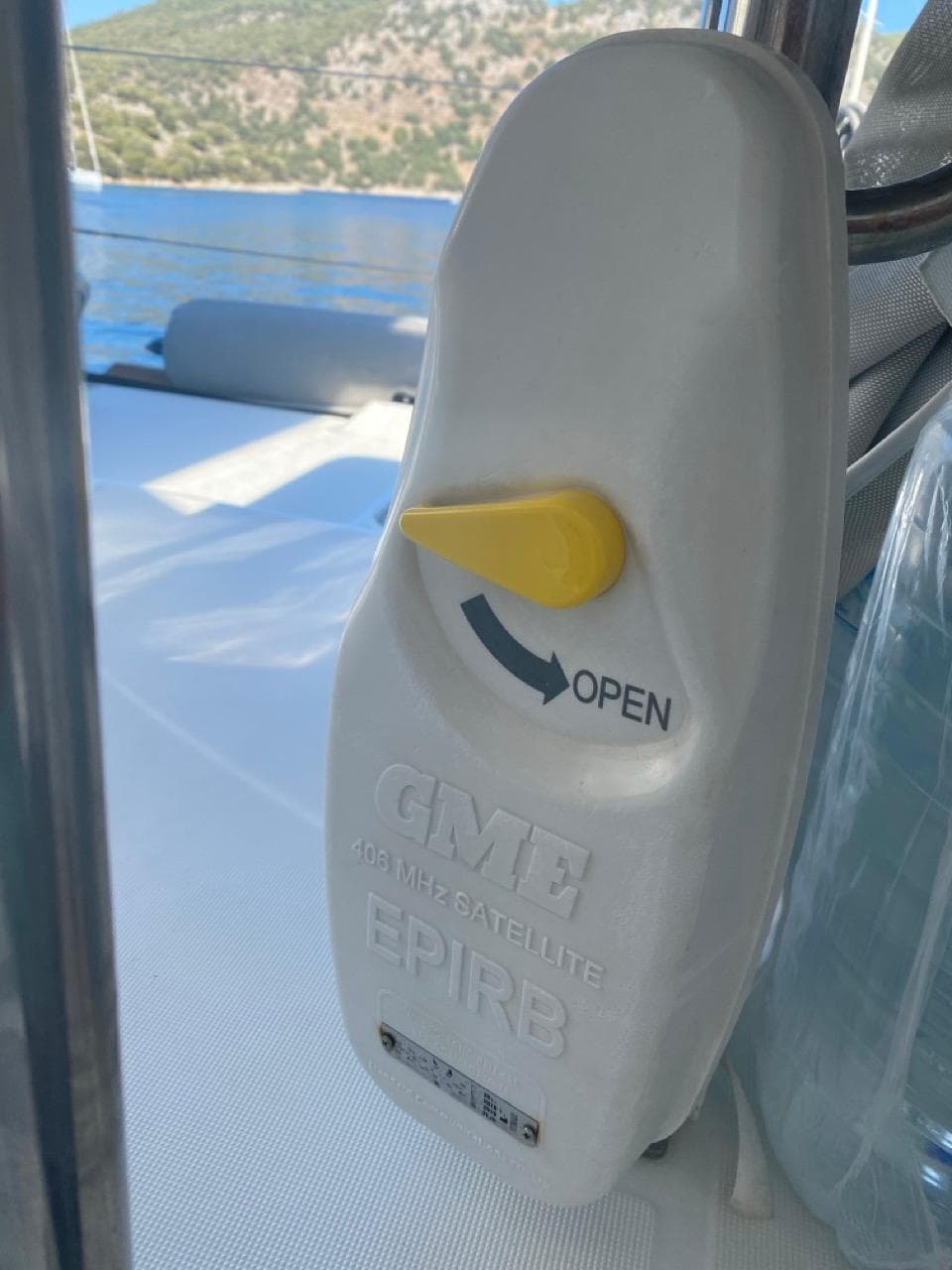 EPIRB device on 2016 Lagoon 39 yacht, ready for emergency use.