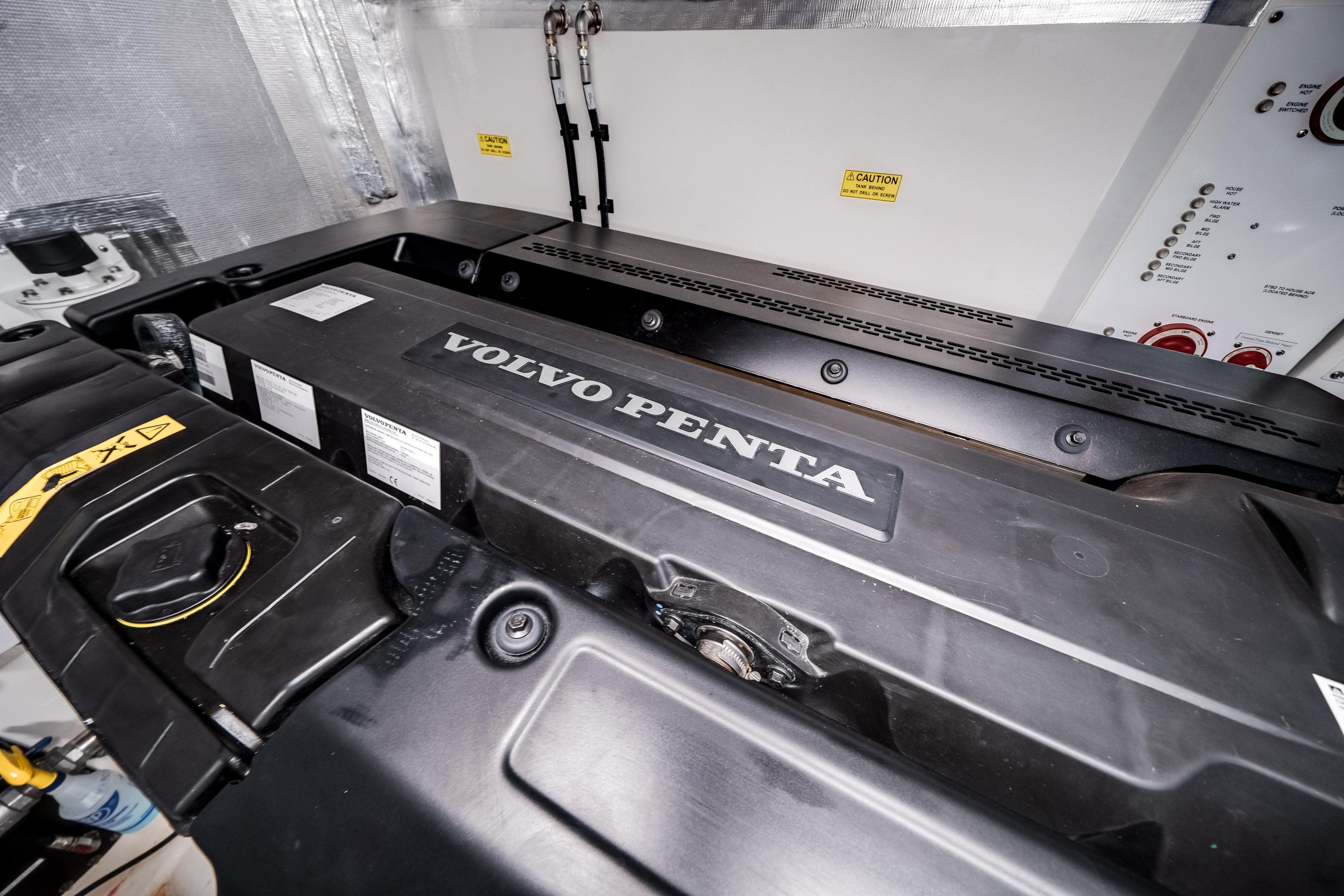 Engine room of 2024 Maritimo M55 yacht featuring Volvo Penta engine.