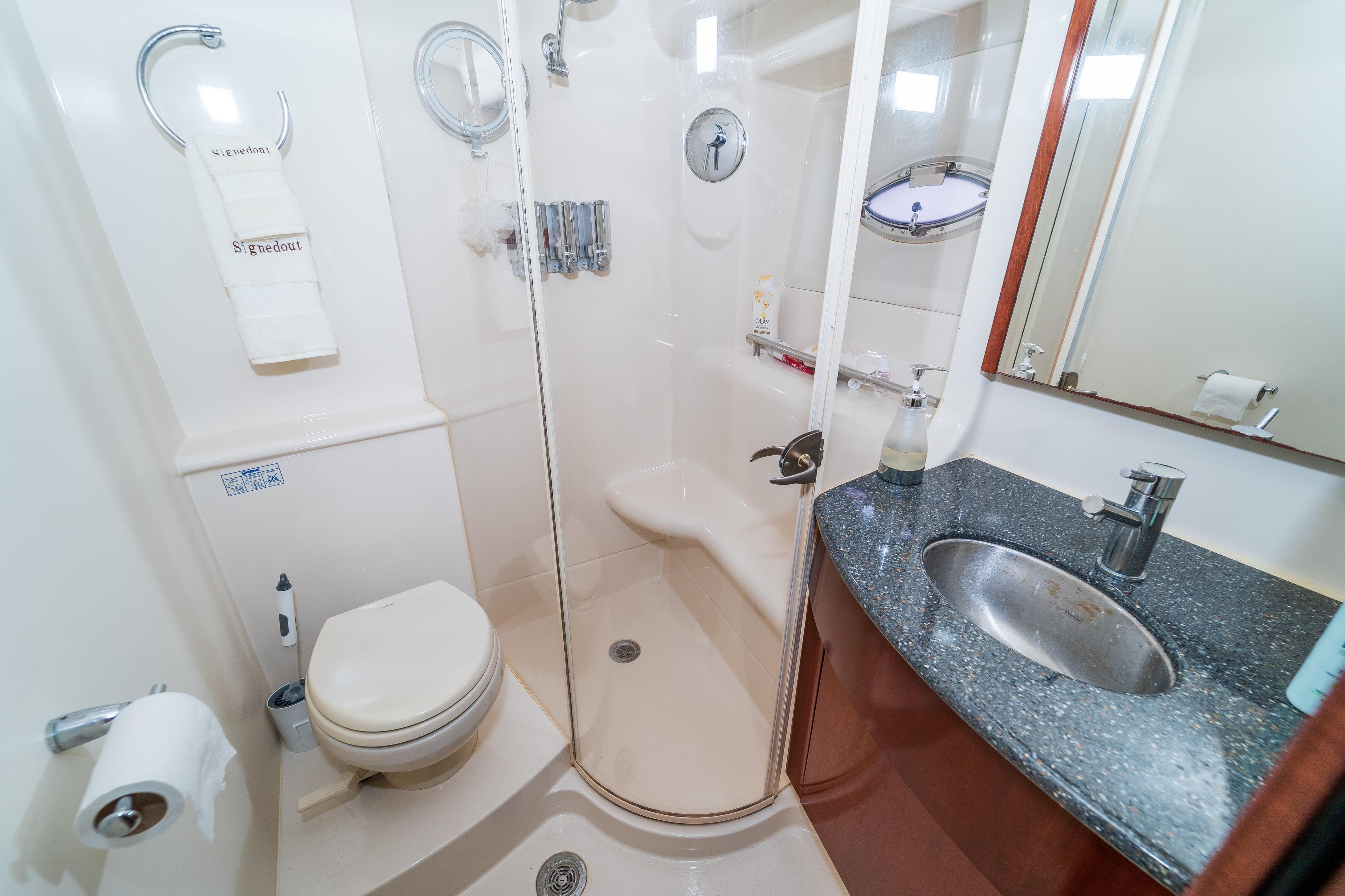 Luxurious bathroom in 2009 Meridian 441 Sedan yacht with shower, sink, and toilet.