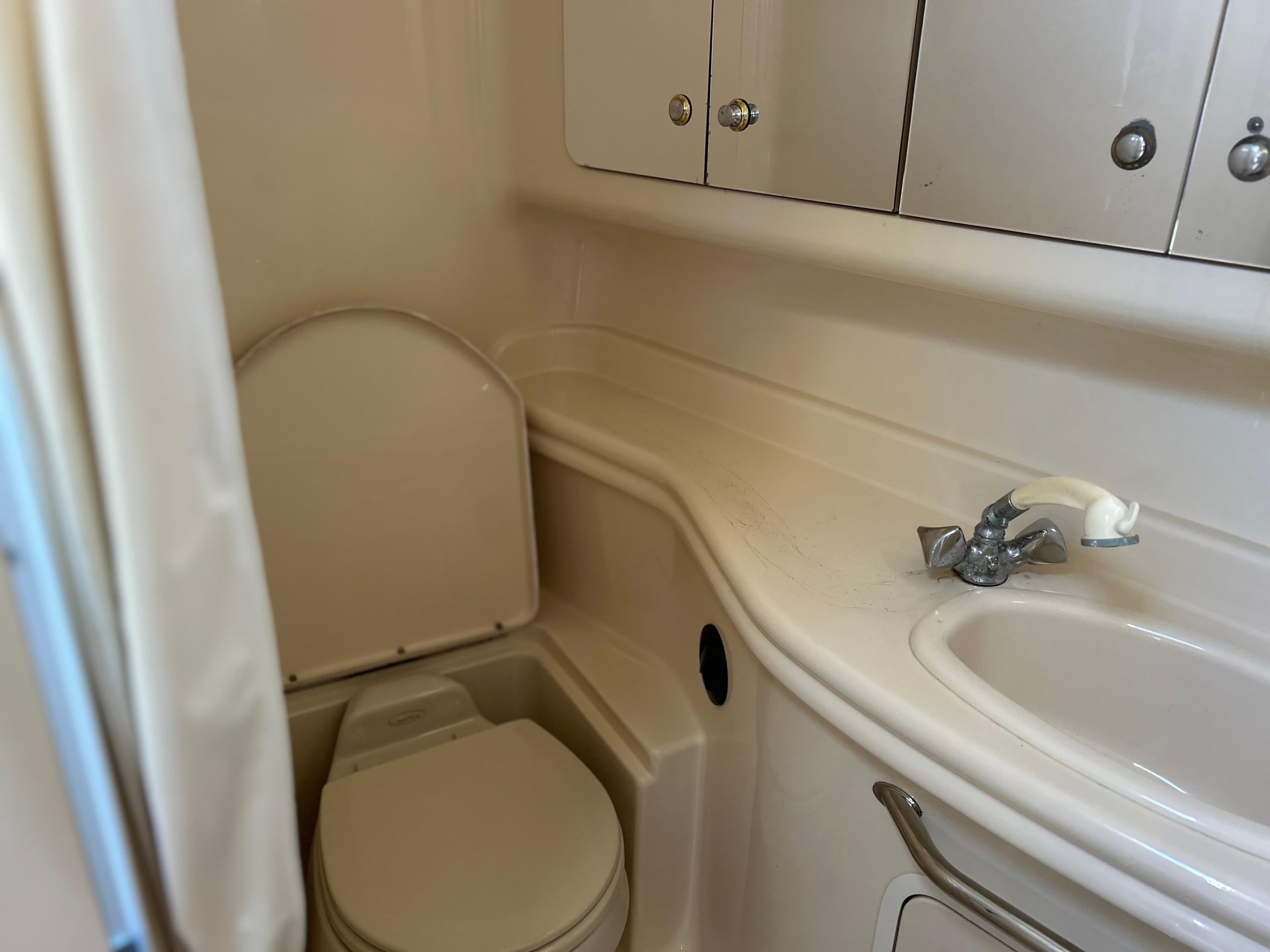 2004 Sea Ray 340 Sundancer bathroom with toilet, sink, and storage cabinets.