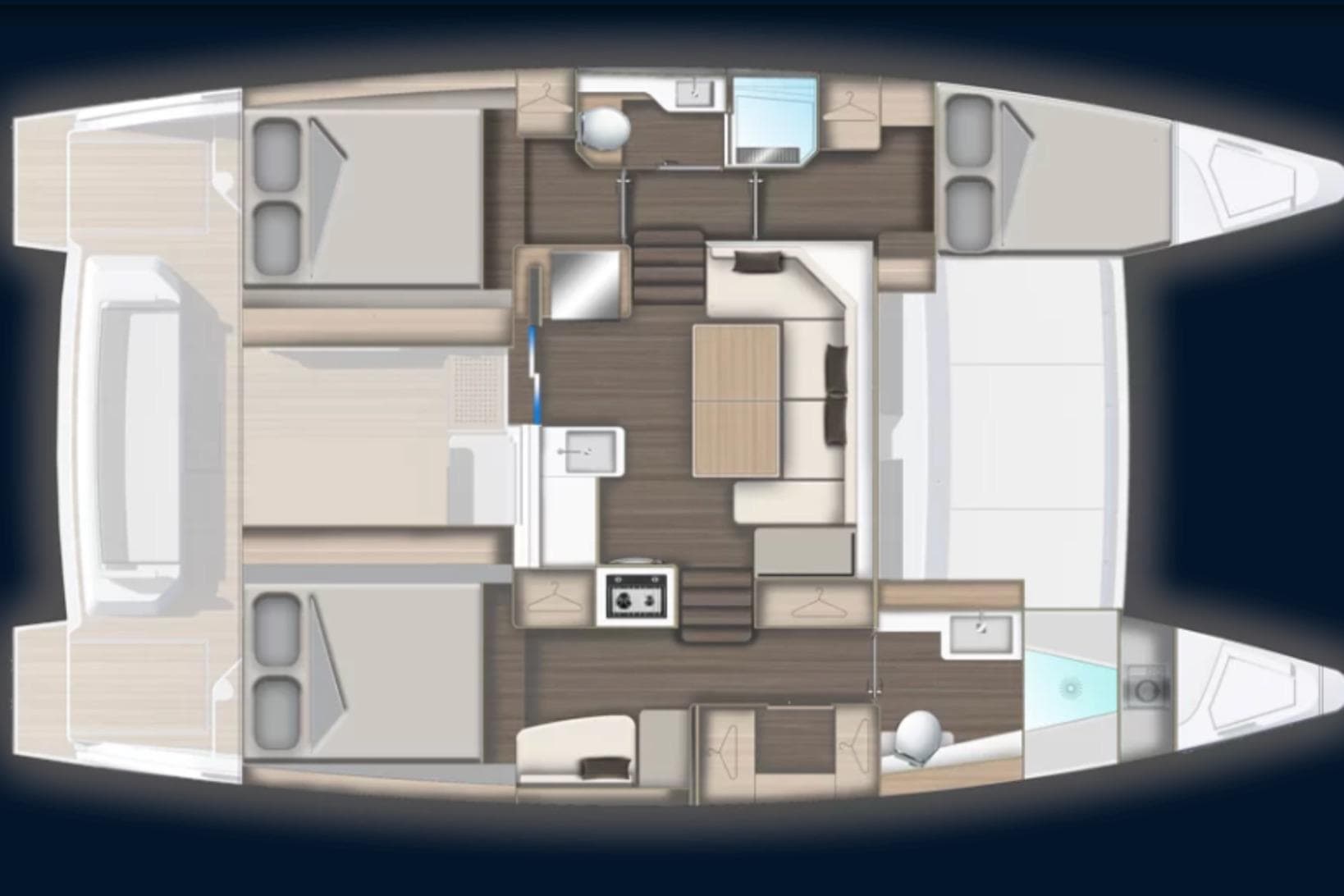 Floor plan of 2026 Aventura 37 catamaran, featuring cabins, kitchen, and living area.
