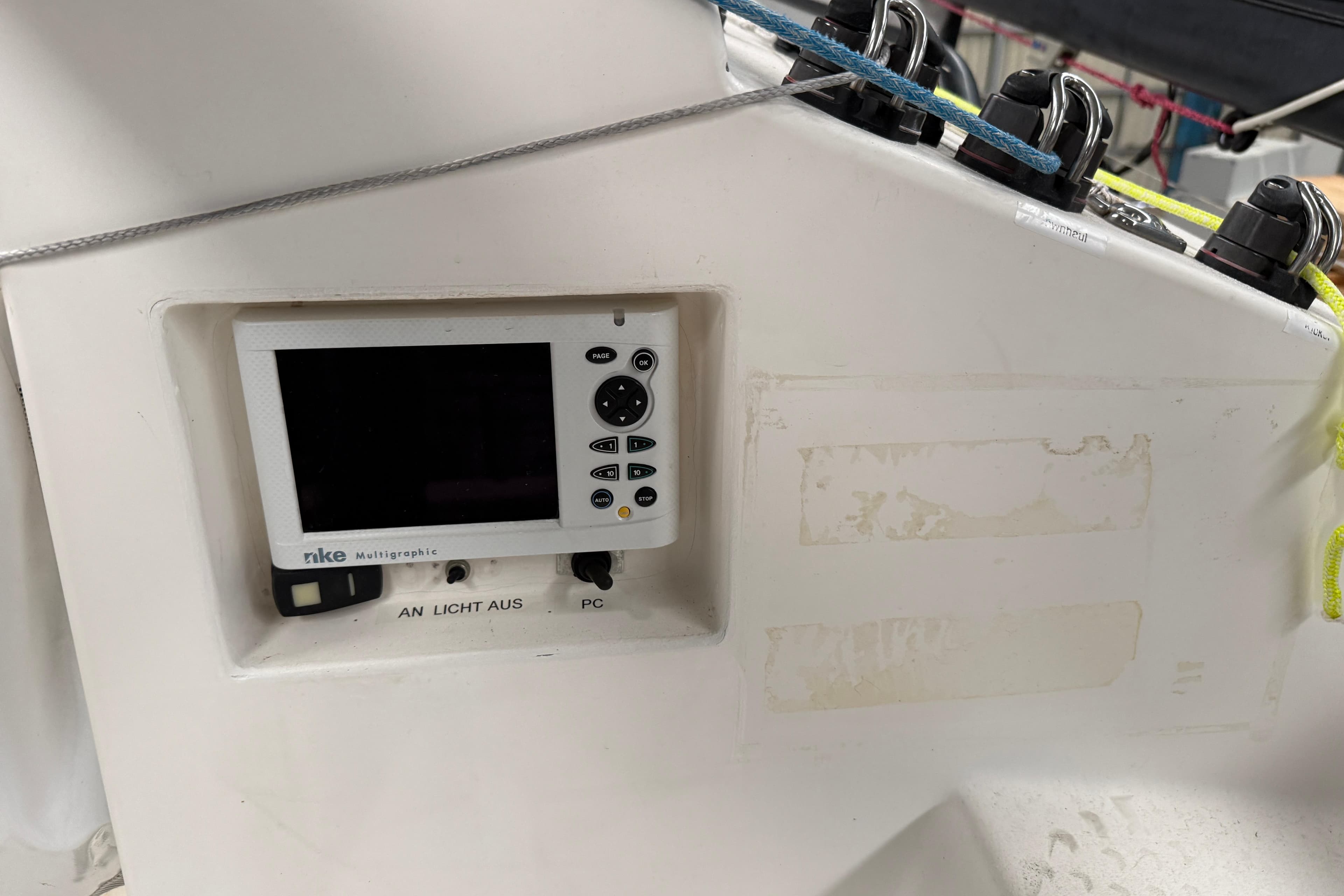 Control panel on a 2019 JPK 1030 sailboat with navigation display.