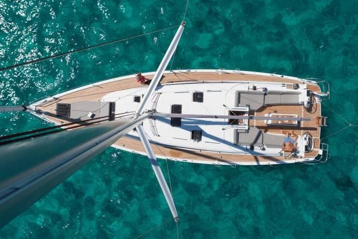 Manufacturer Provided Image: Aerial view of 2019 Jeanneau 51 sailboat on clear turquoise water.