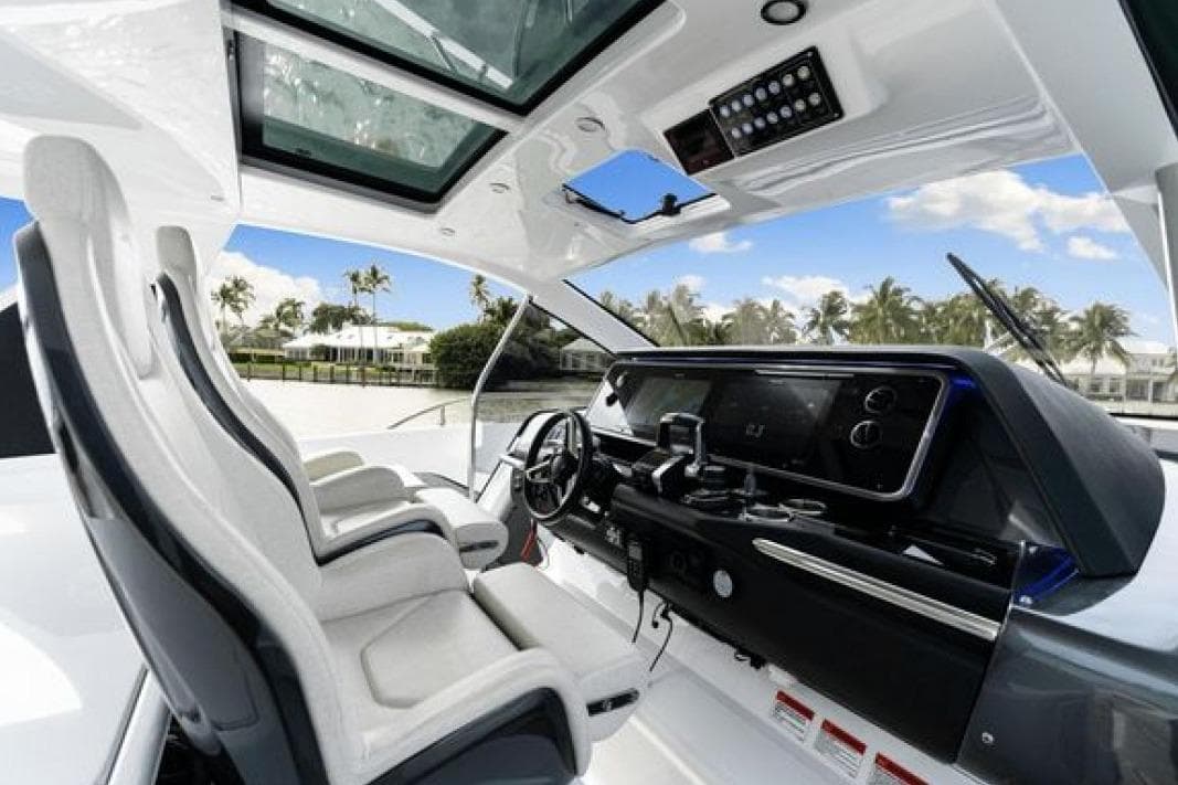 2023 Azimut Verve 42 yacht cockpit with modern controls and luxurious seating.