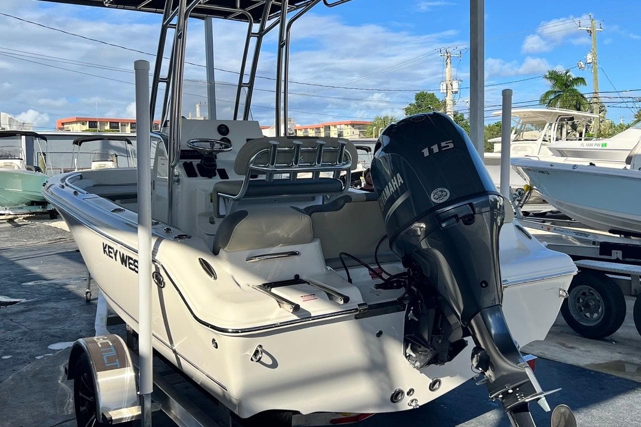2026 Key West 189 FS boat with Yamaha 115 engine, parked on a trailer.
