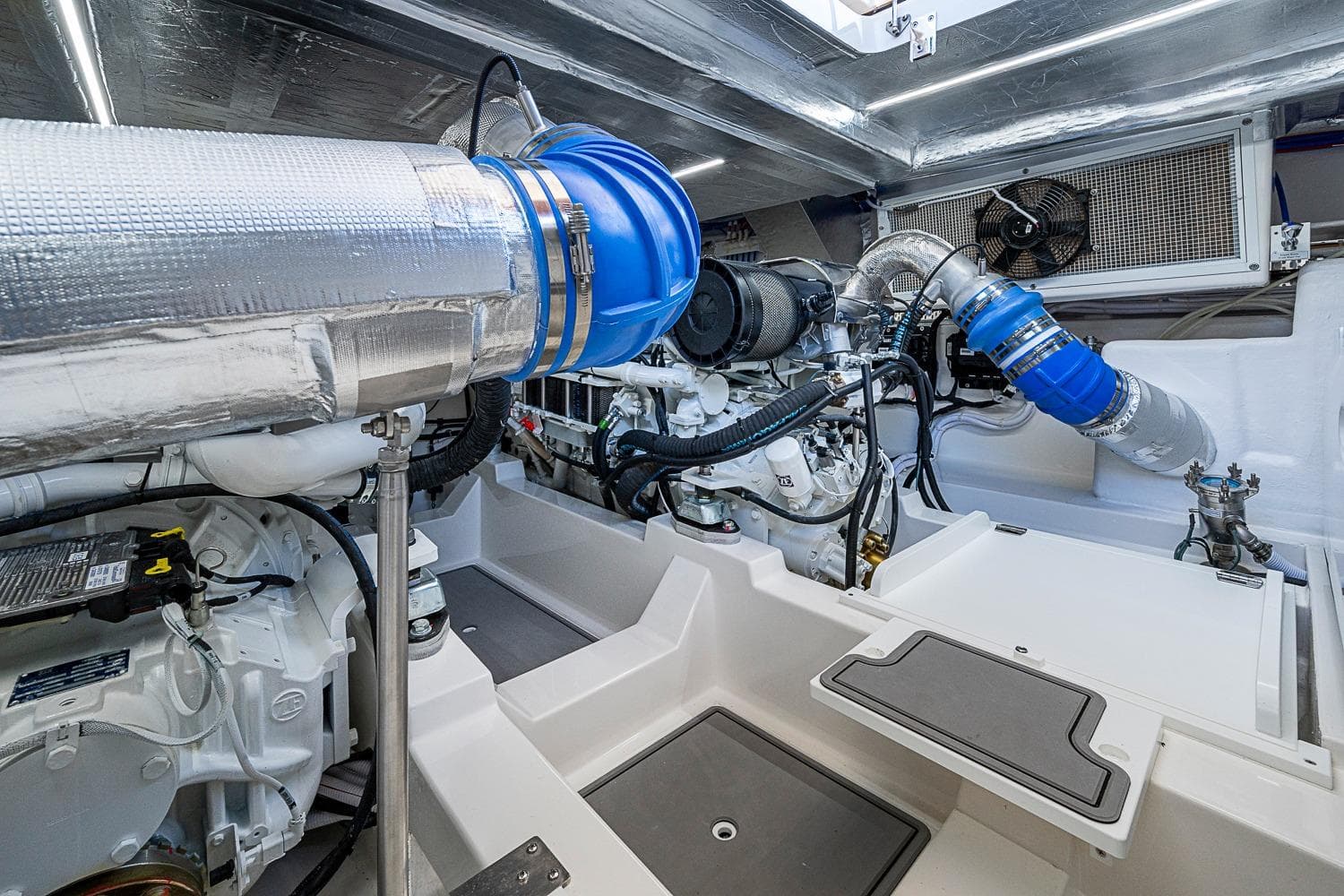 Engine room of 2026 Maritimo M50 yacht, showcasing advanced mechanical systems.