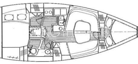 Floor plan of a 2000 Hunter 340 sailboat, showcasing interior layout and design.