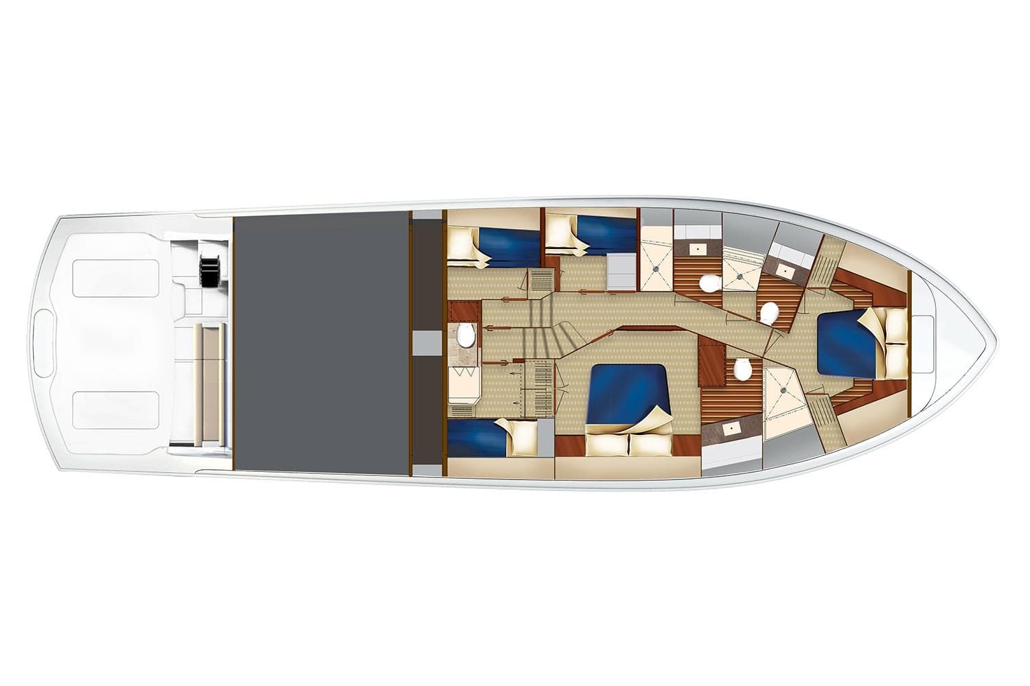 2018 Hatteras GT70 yacht floor plan, featuring multiple cabins and bathrooms.
