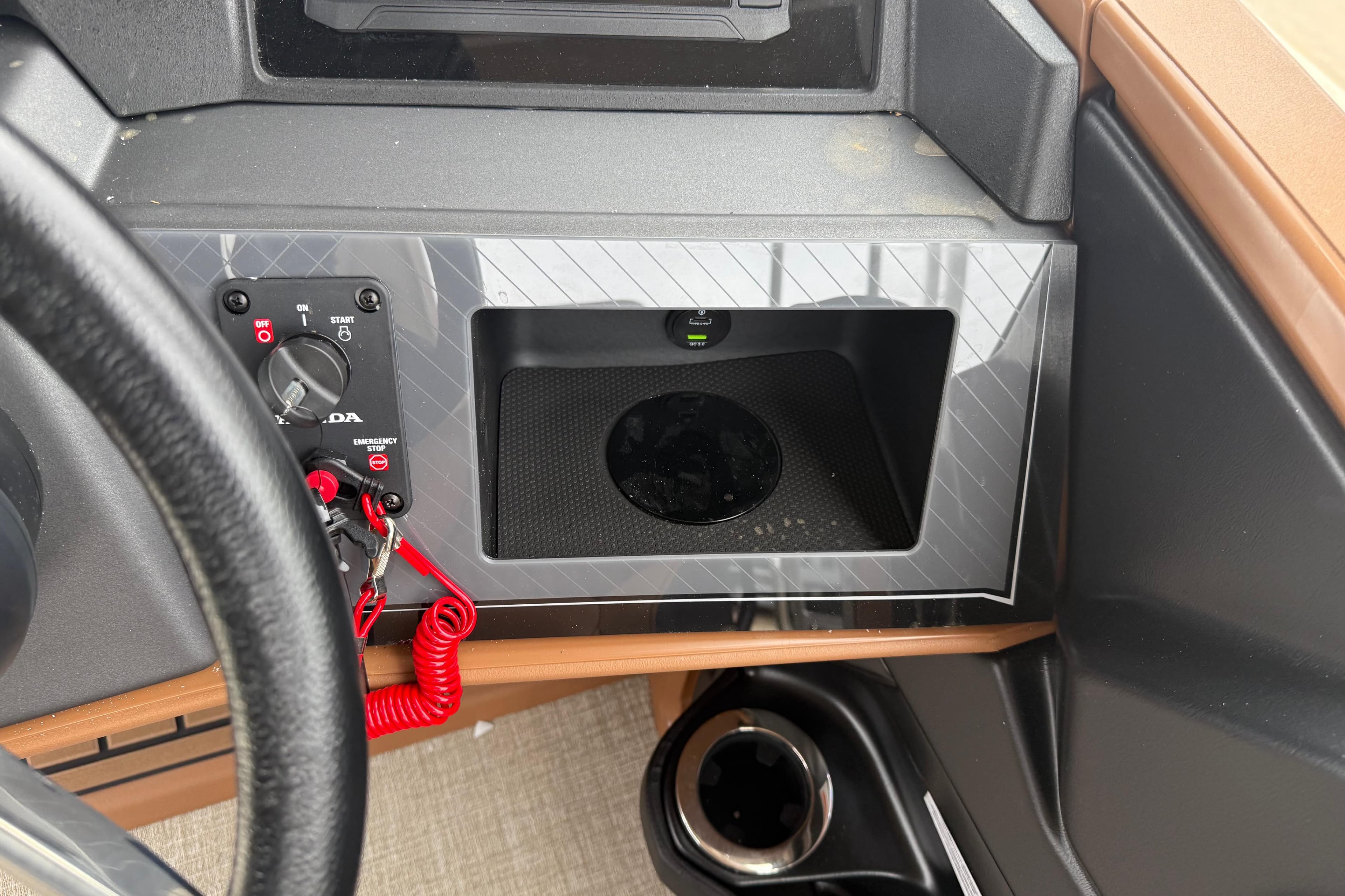 Control panel of 2026 Avalon Catalina Cruise Funship with ignition and USB port.
