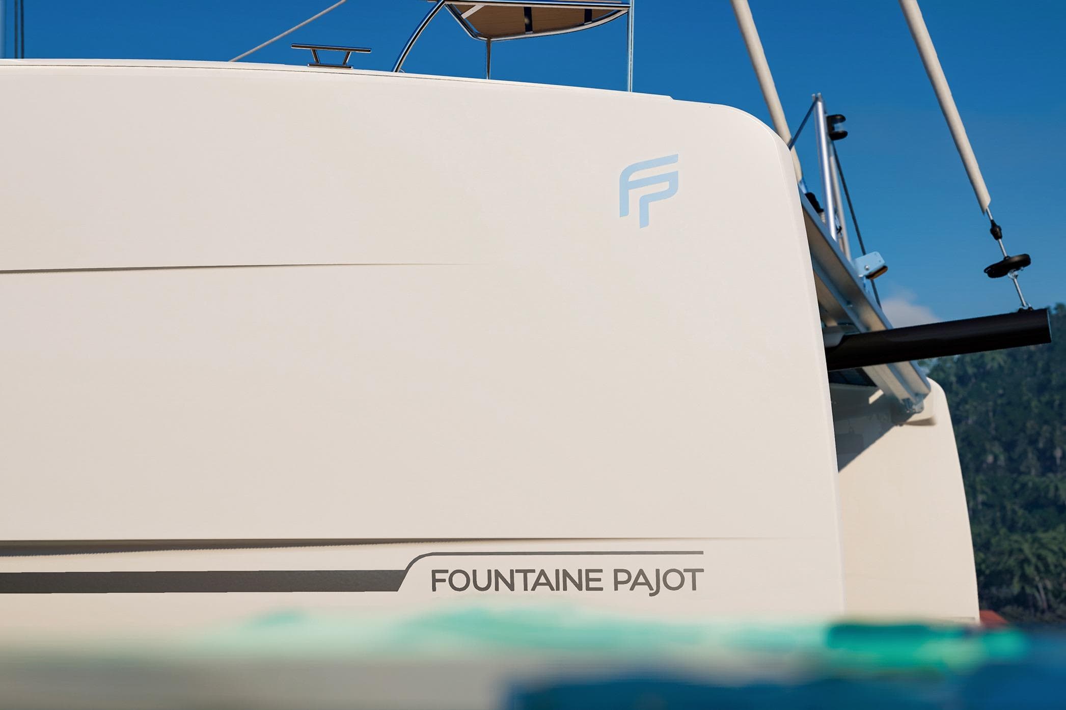 2026 Fountaine Pajot FP 48 yacht, sleek design, partial view, blue sky background.