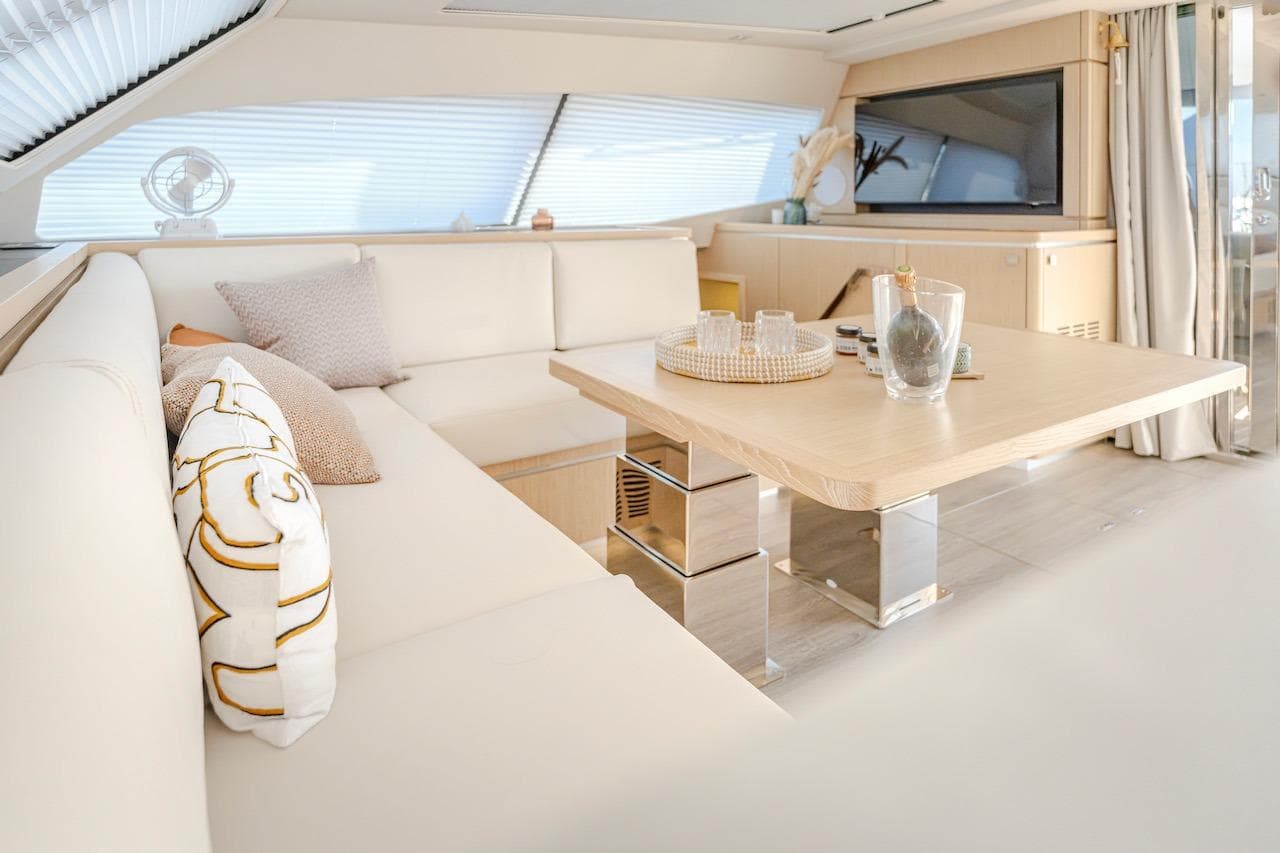 Luxurious interior of Privilege Signature 510 yacht, year 2025.
