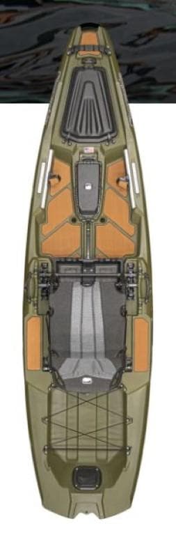 2023 Bonafide SS107 kayak, top view, olive green with orange accents.