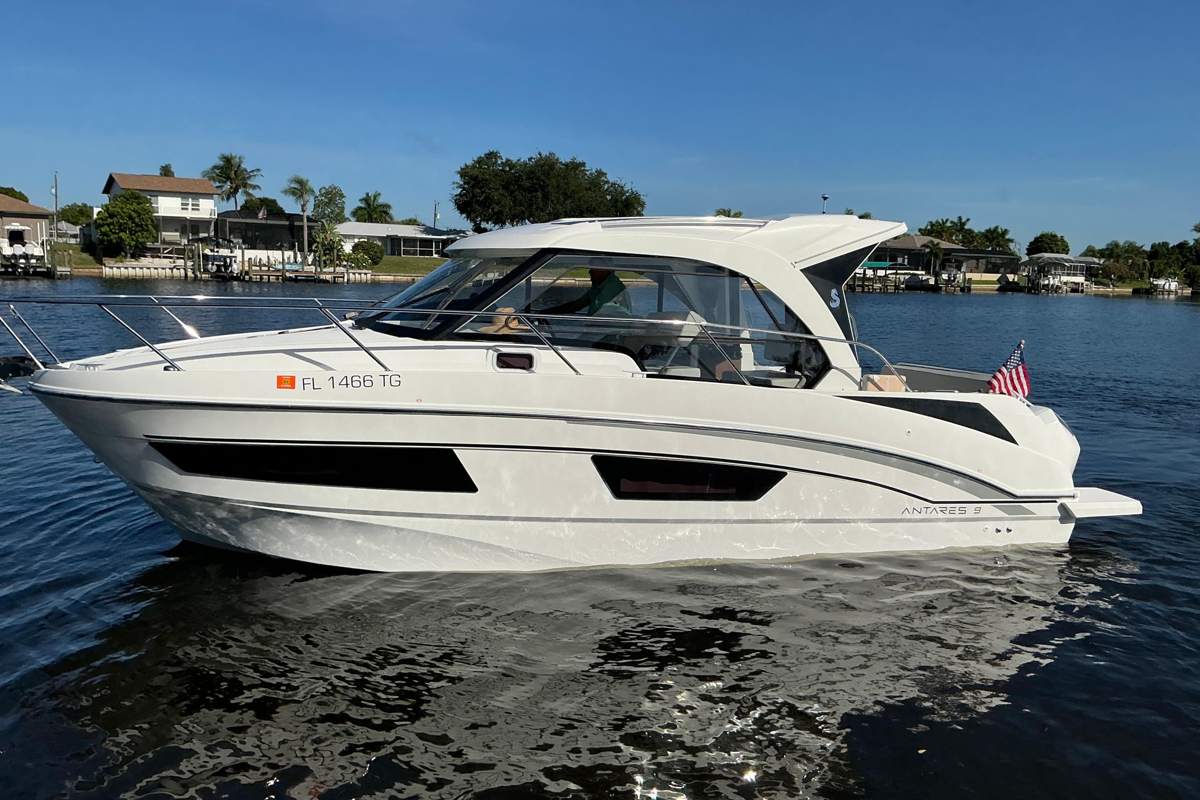 2022 Beneteau Antares 9 boat on calm water, showcasing sleek design and modern features.