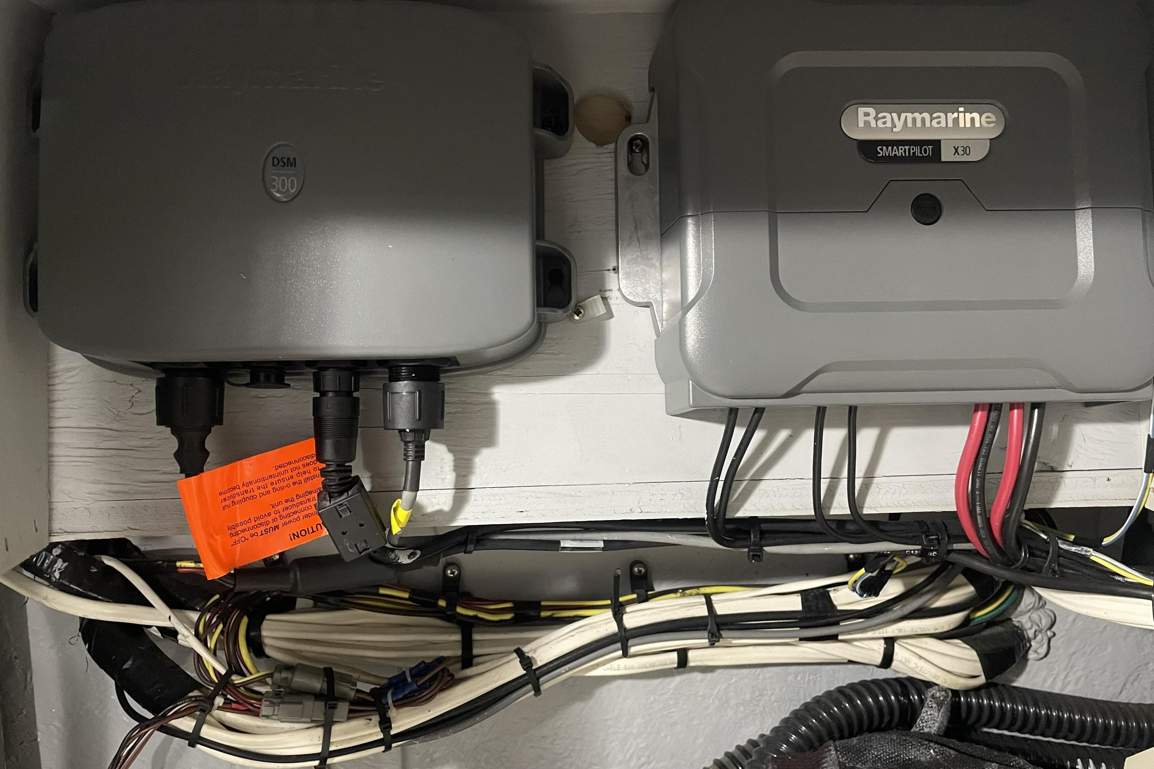 Electrical components in a 2008 Meridian 490 Pilothouse, featuring Raymarine SmartPilot X30 system.