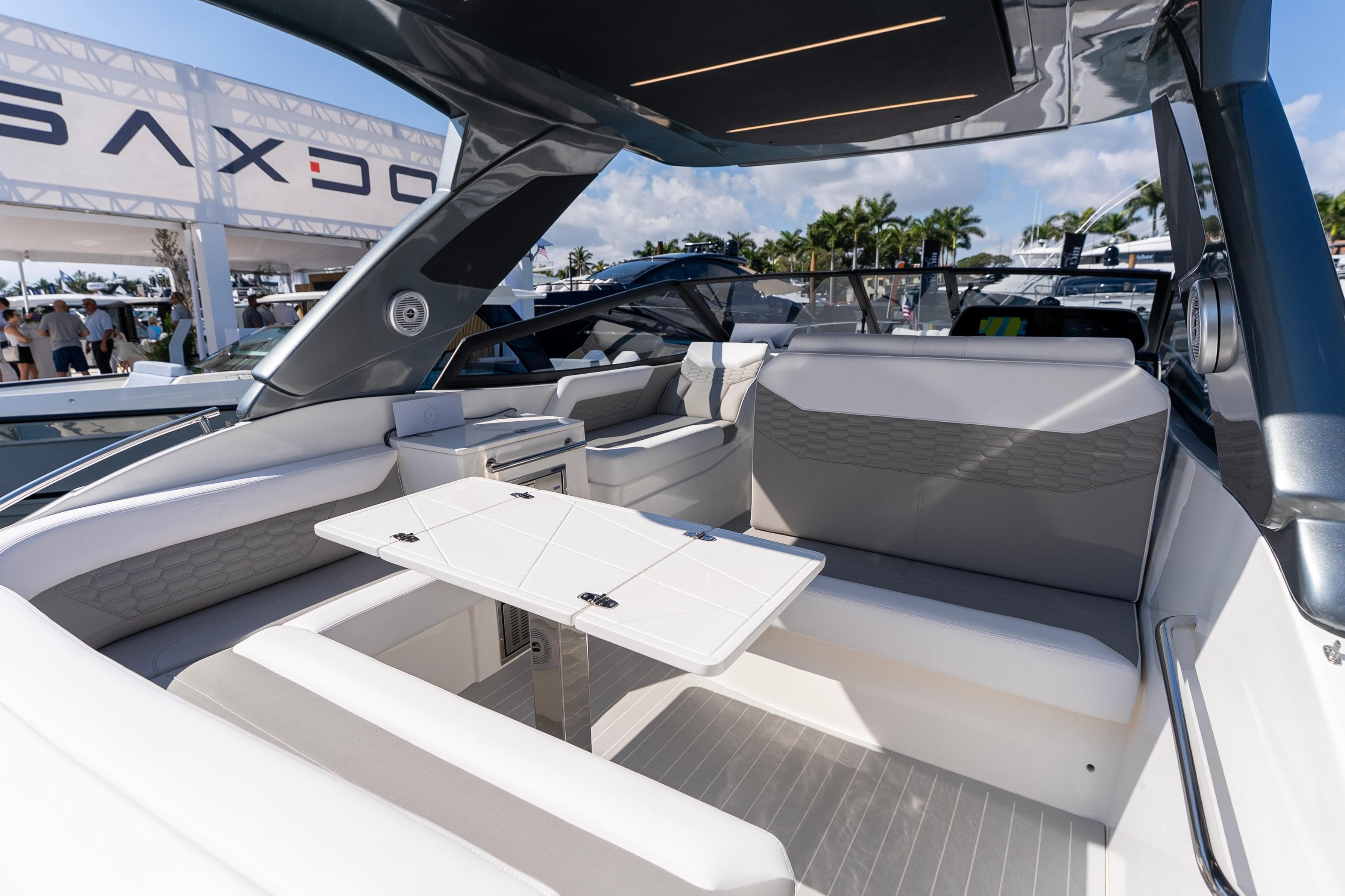 Luxurious interior of 2026 Valiatt 350GT boat with sleek seating and modern design.