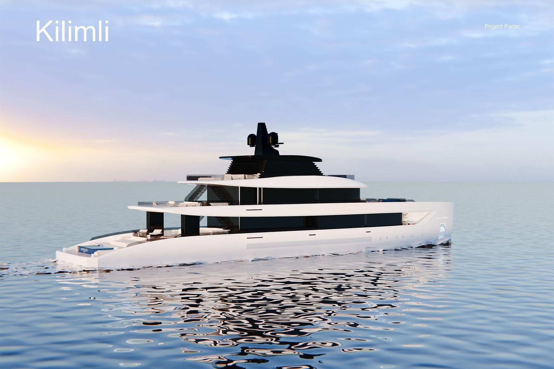 Luxury yacht "Kilimli 150" on calm sea at sunset, 2027 model.
