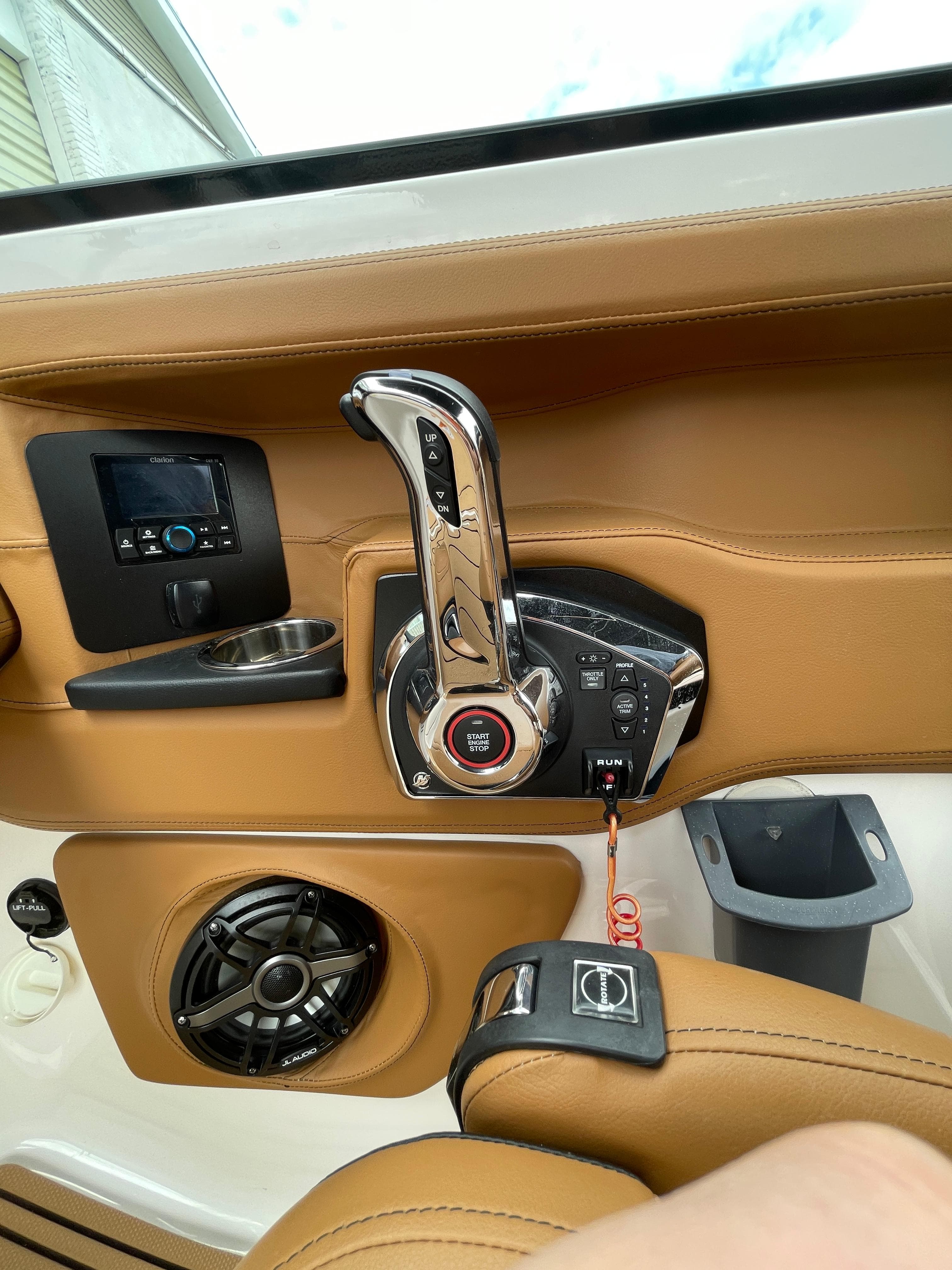 2023 Chaparral 287 SSX boat interior with control panel and leather accents.