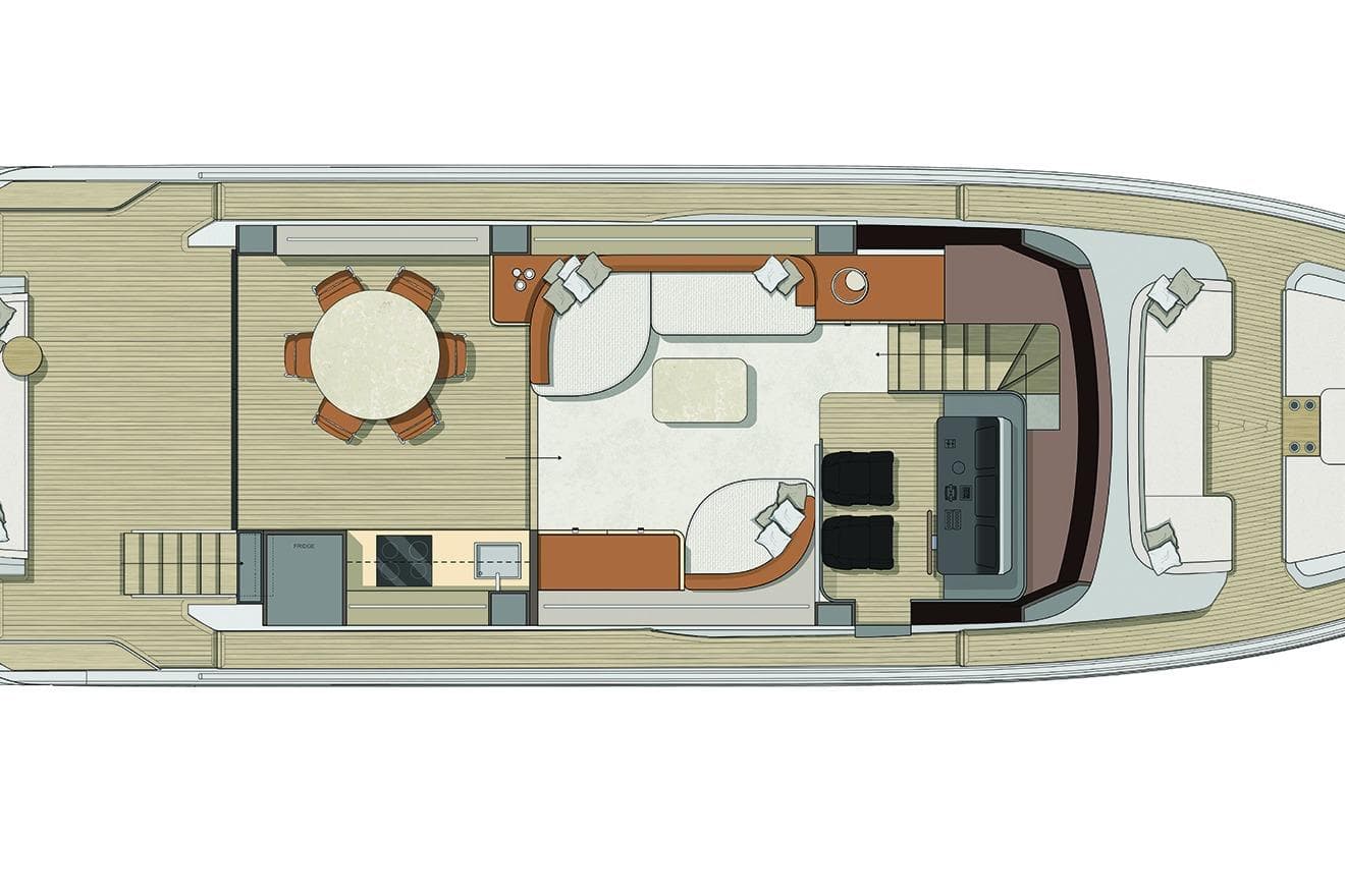Floor plan of 2026 Cranchi 62 yacht, featuring spacious interior layout and seating areas.