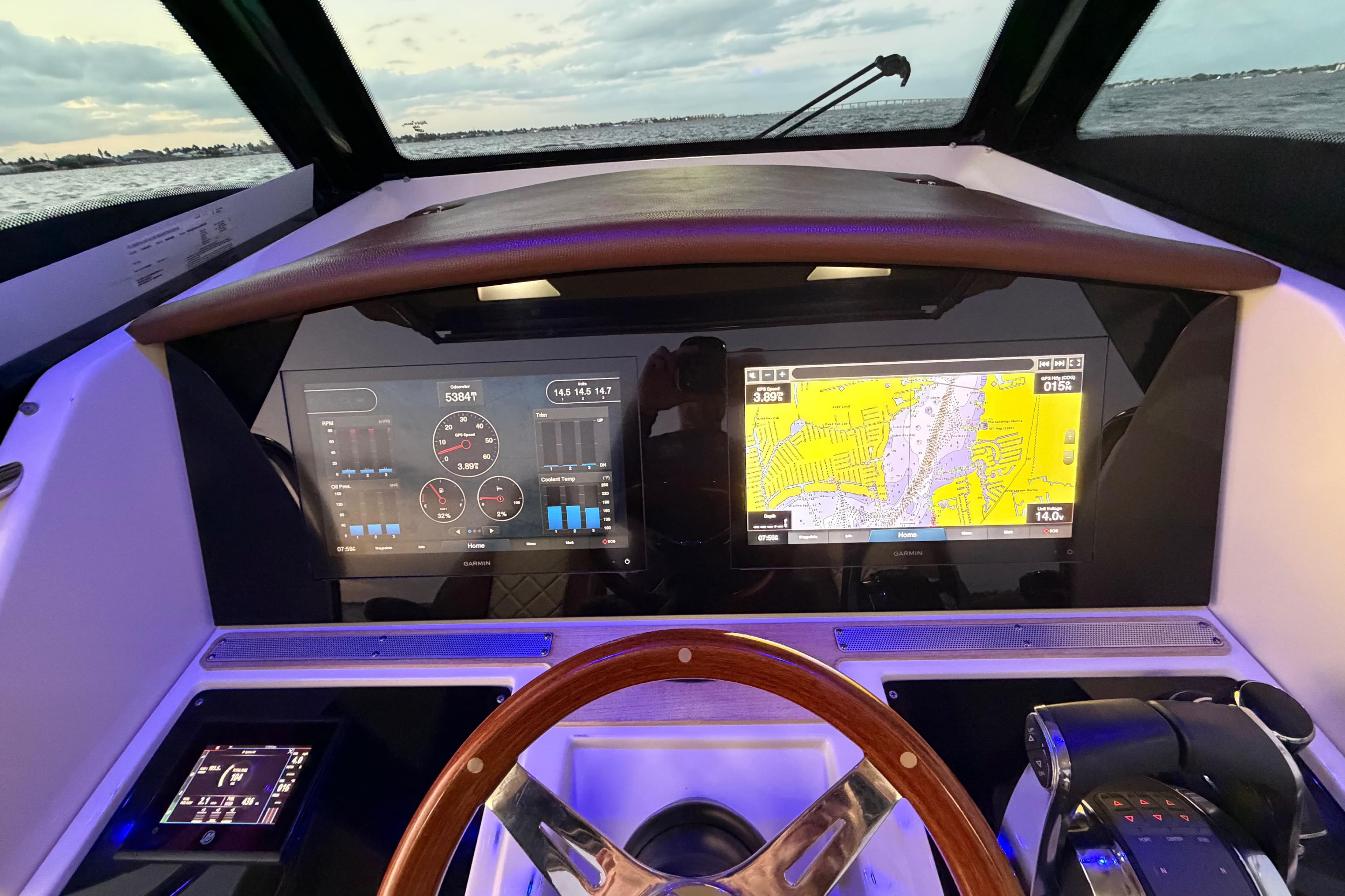 Dashboard of 2021 Chris-Craft Catalina 34 with navigation and control displays.