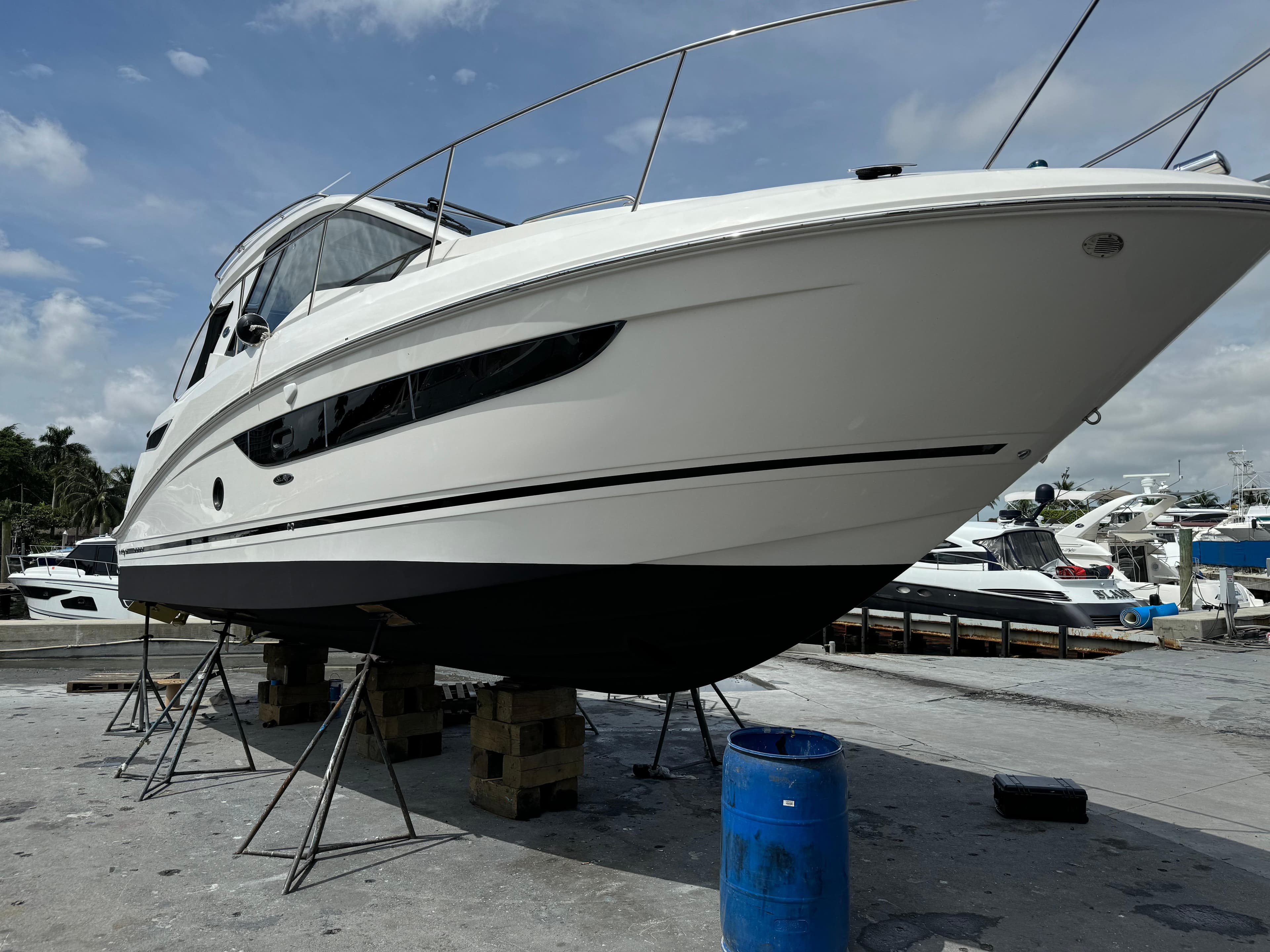 2018 Sea Ray 350 DAC boat on dry dock, ready for maintenance.