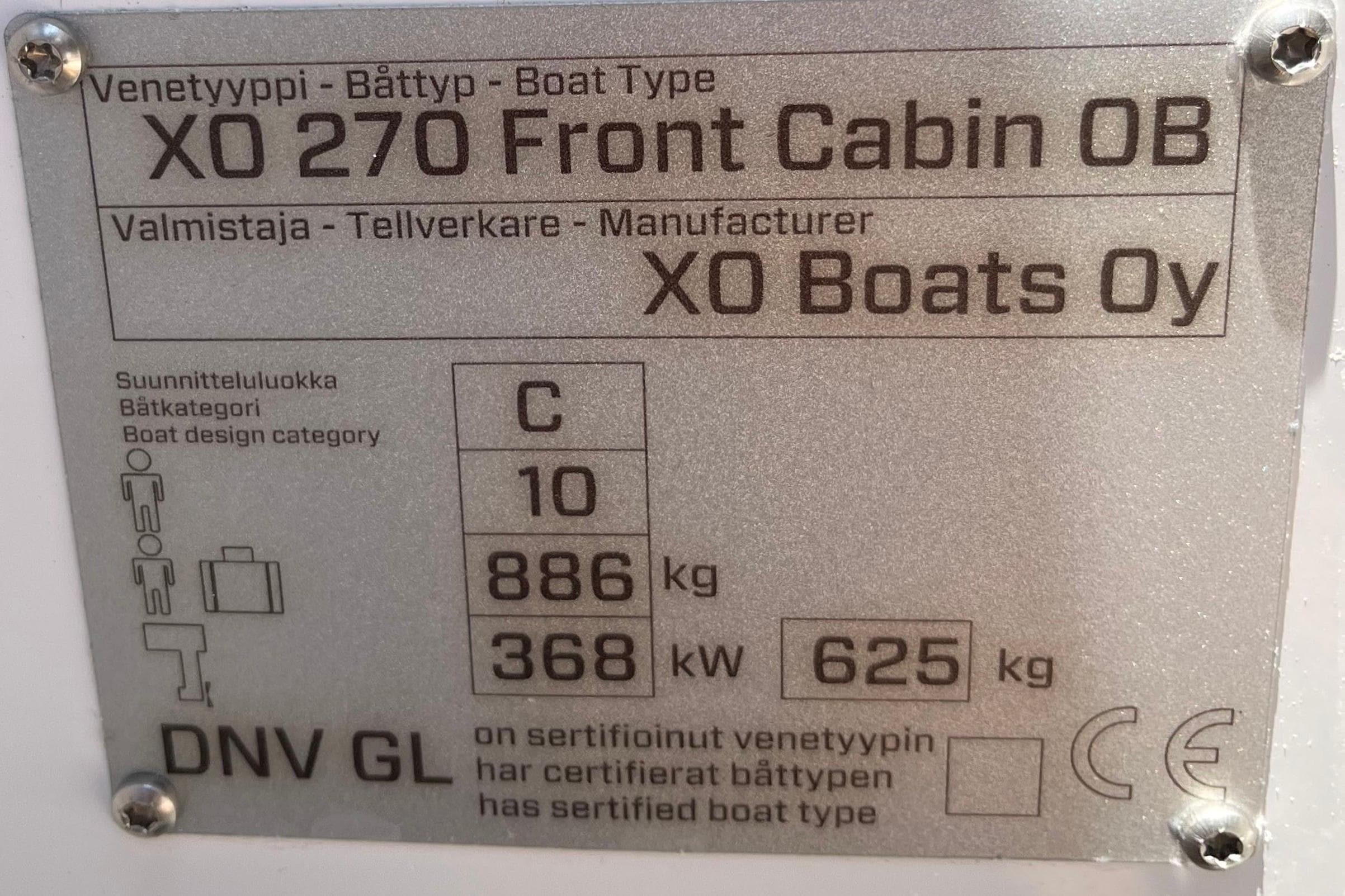 Plaque of 2021 XO Boats 270 Explorer, detailing specifications and certification.