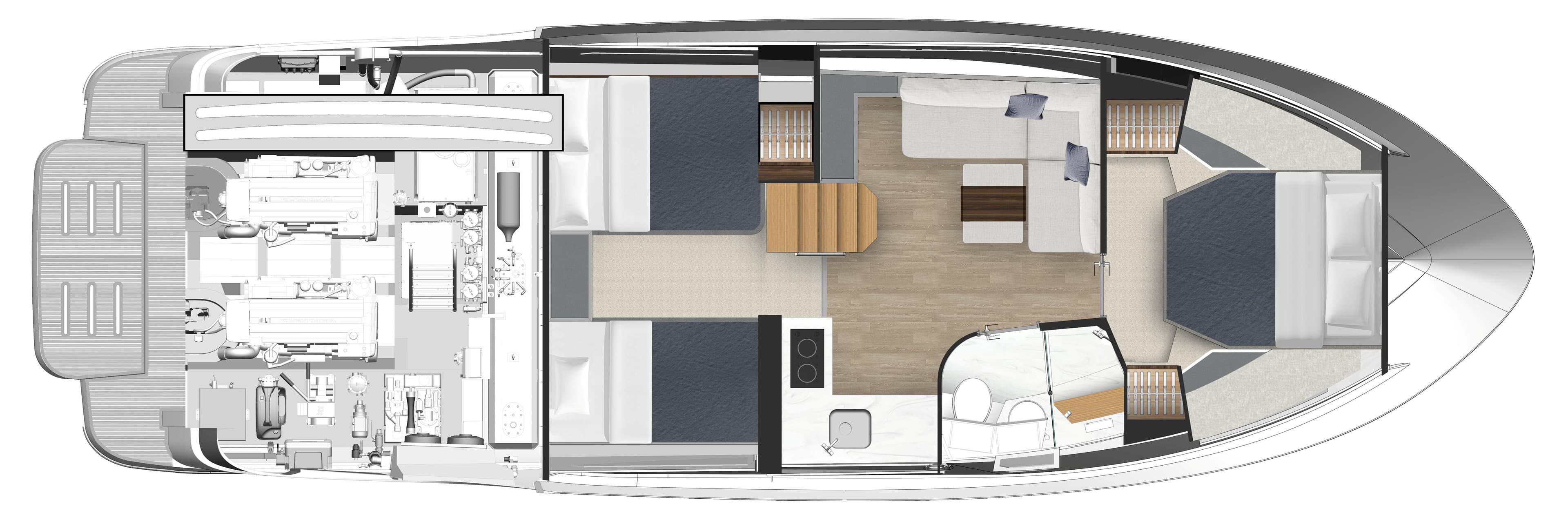Top view layout of the 2026 Riviera 4300 Sports Express yacht interior.