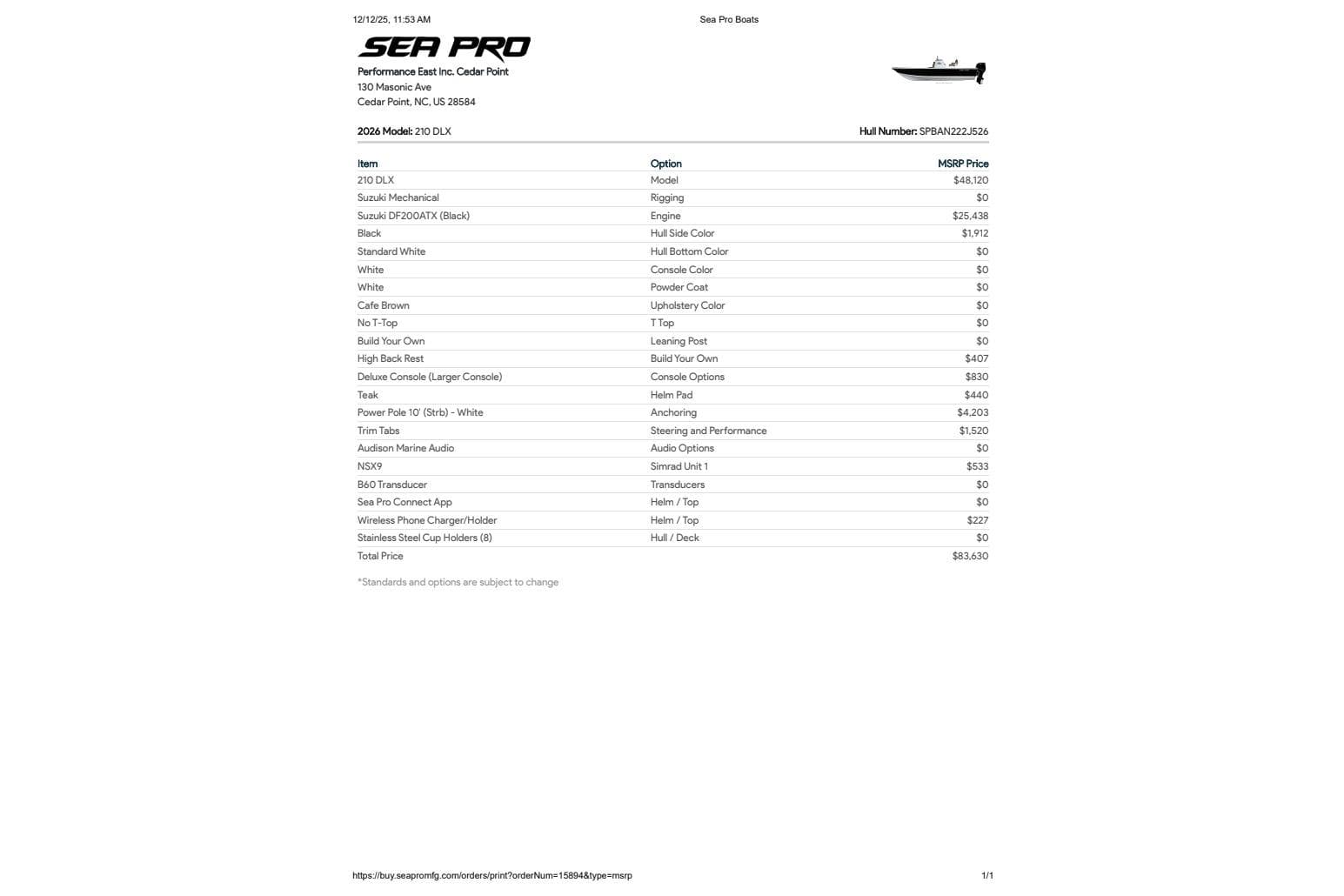 2026 Sea Pro 210 Bay boat specifications and pricing details.