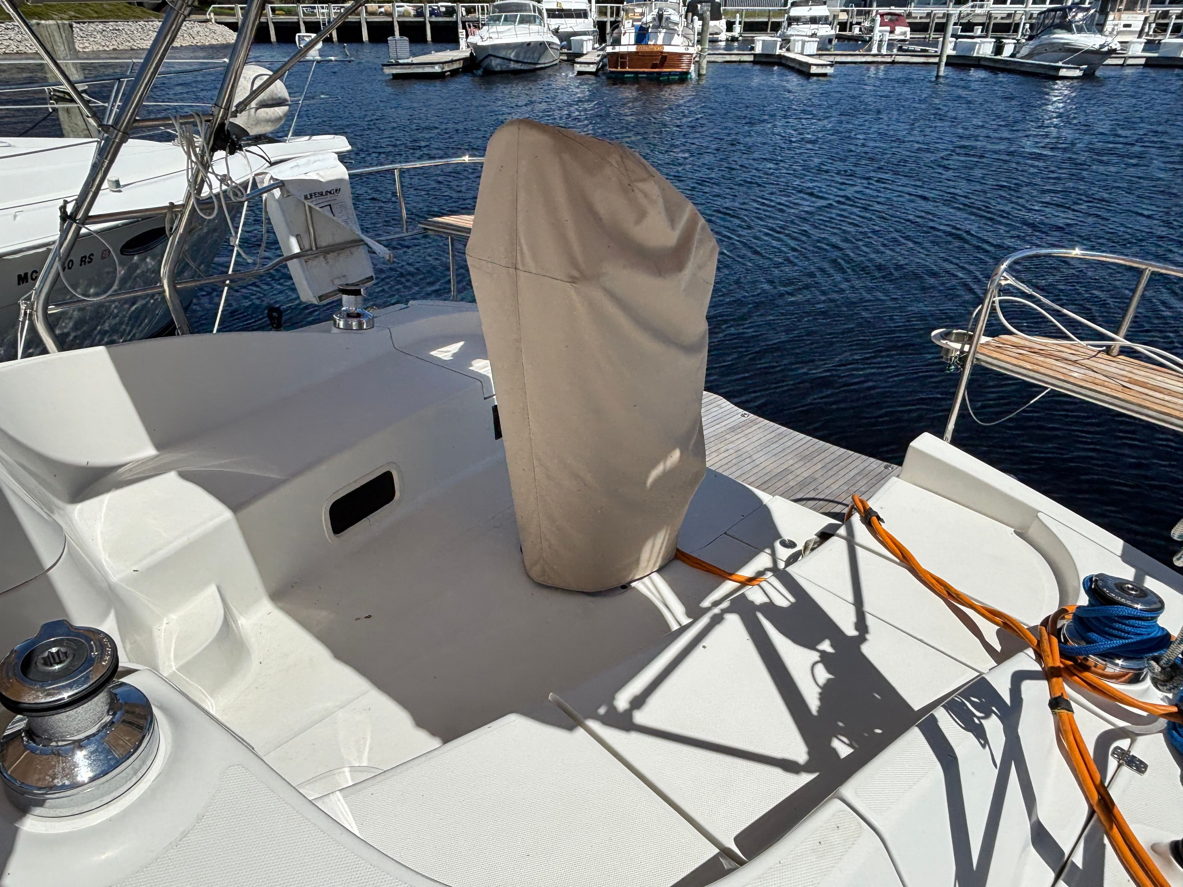 2016 Marlow-Hunter 37 yacht cockpit in harbor.