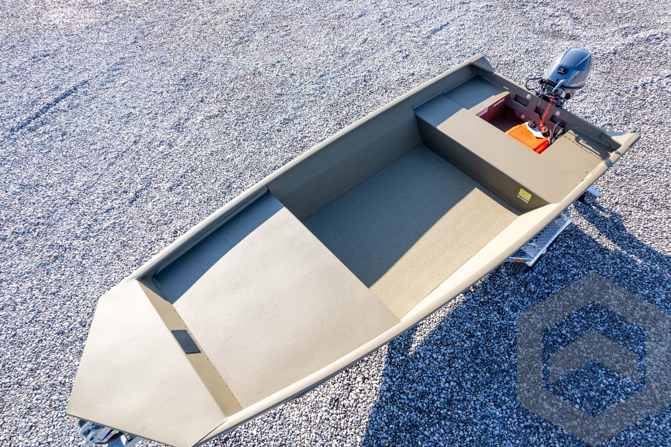 2026 G3 Gator Tough 1548 VBW boat on gravel, featuring a compact design and outboard motor.