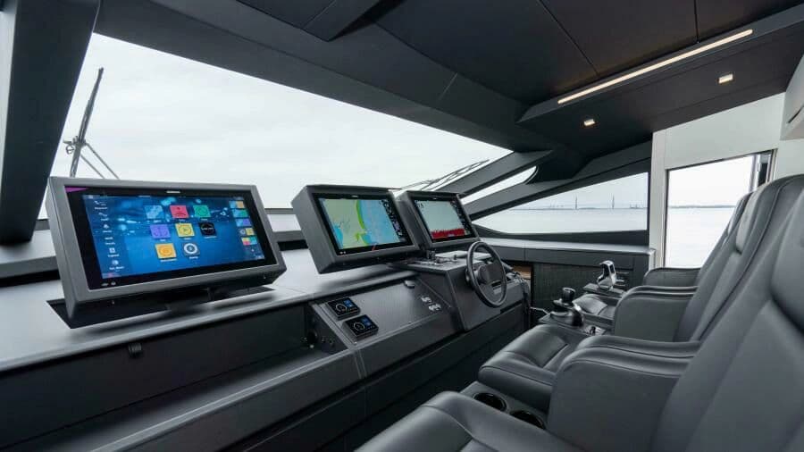 Interior of 2022 Pershing 9X yacht with modern control console.