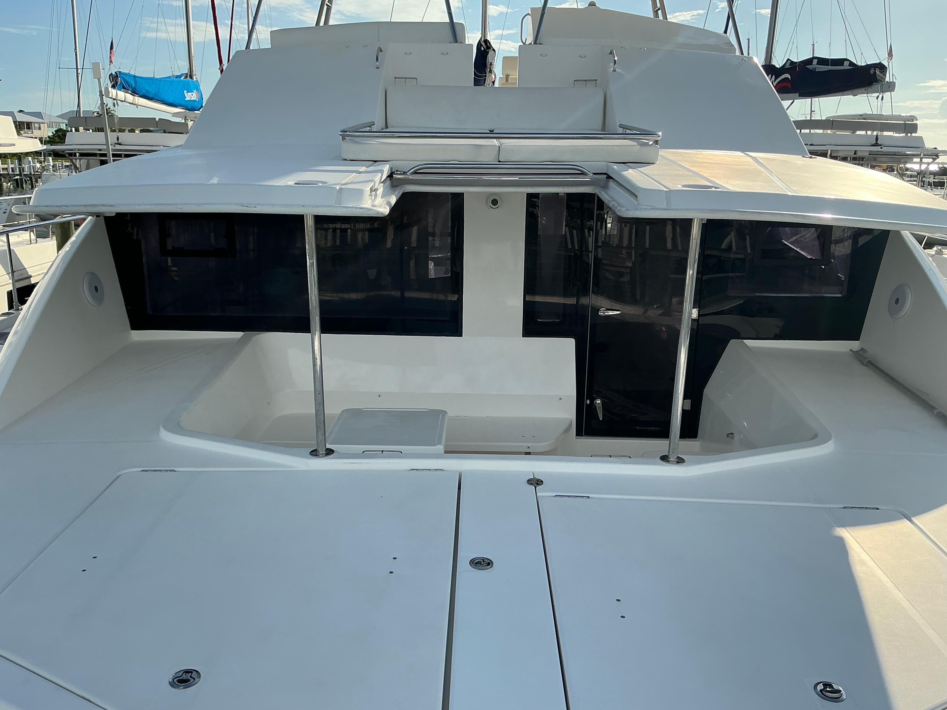 2019 Leopard 51 Powercat yacht, rear deck view with sleek design and spacious layout.