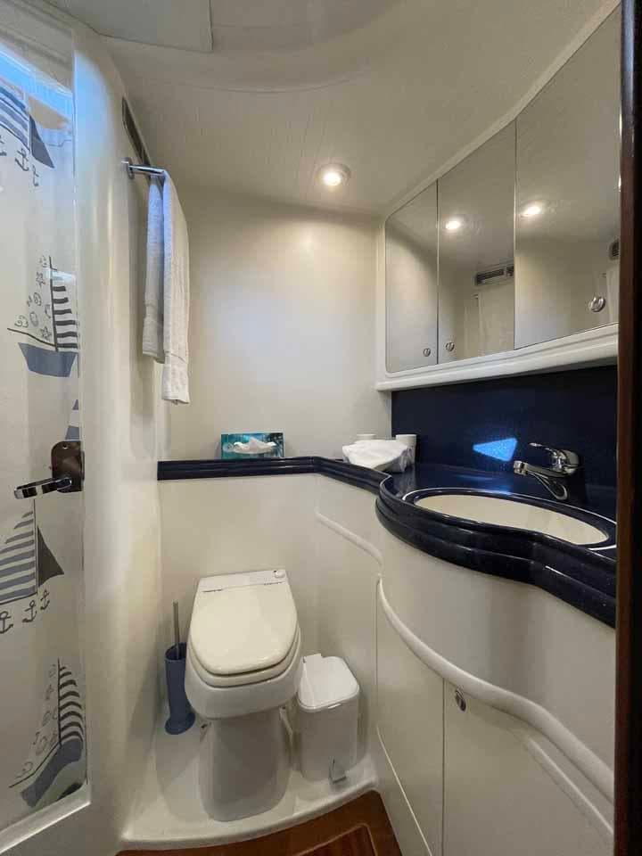 Luxurious bathroom in 2002 Southern Ocean Dixon 65 yacht, featuring modern fixtures and nautical decor.