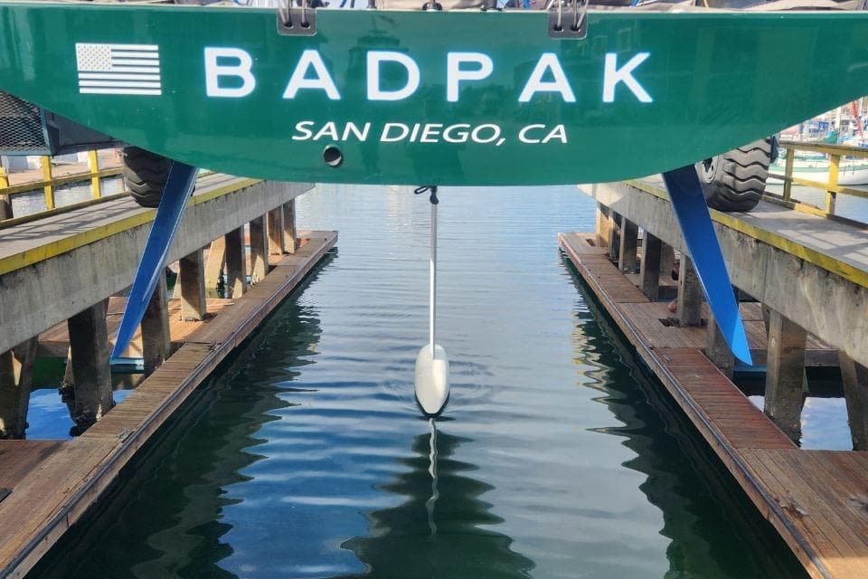 Sailboat "BADPAK" in San Diego dock, Botin 56 model, 2018.
