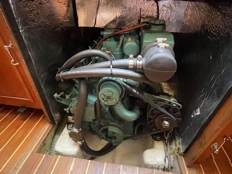 Engine compartment of a 1987 Contest Yachts 36, showcasing the marine engine.