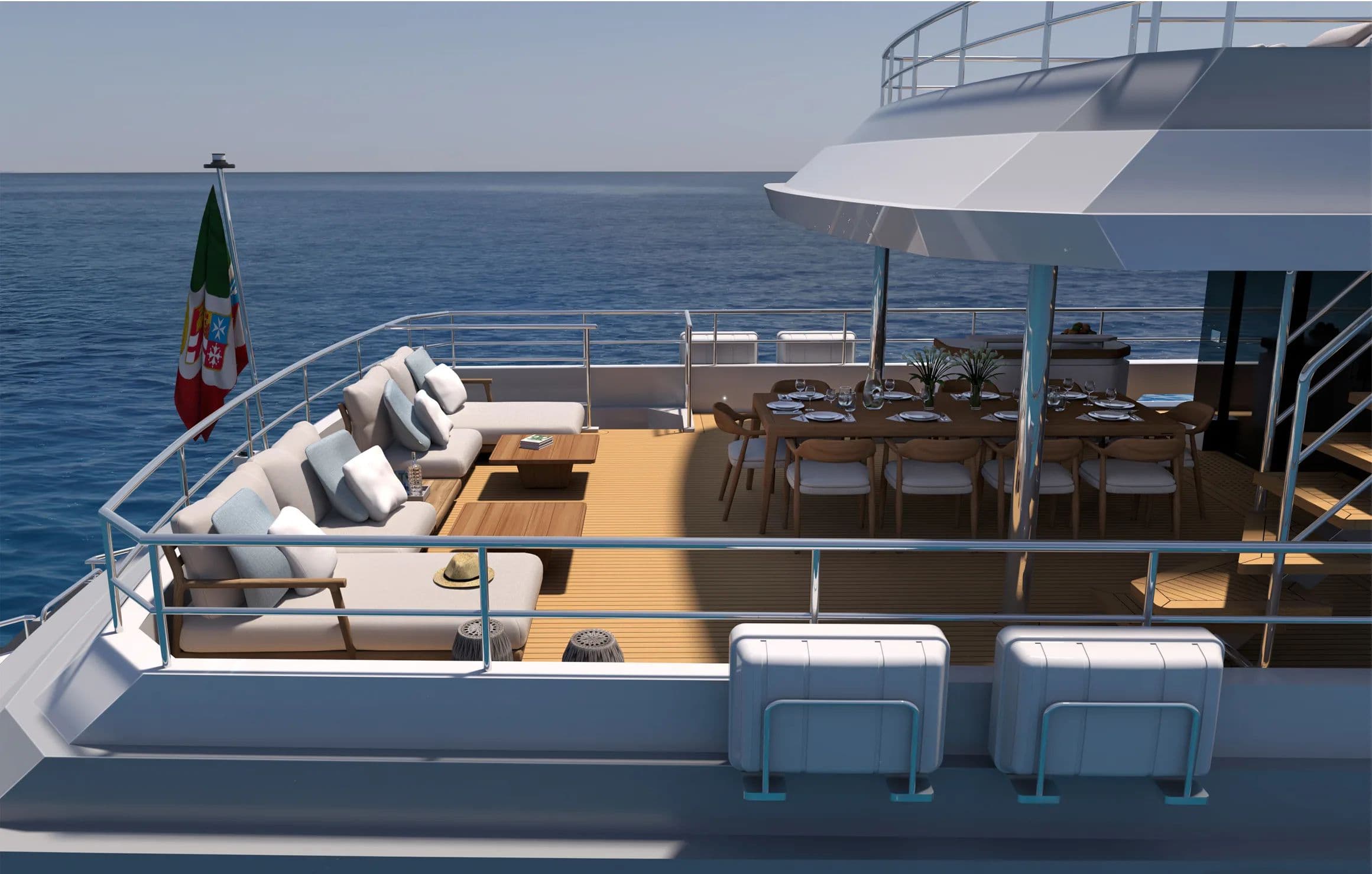 Luxury yacht Ocean King Explorer 34MT 2028 with elegant deck and ocean view.
