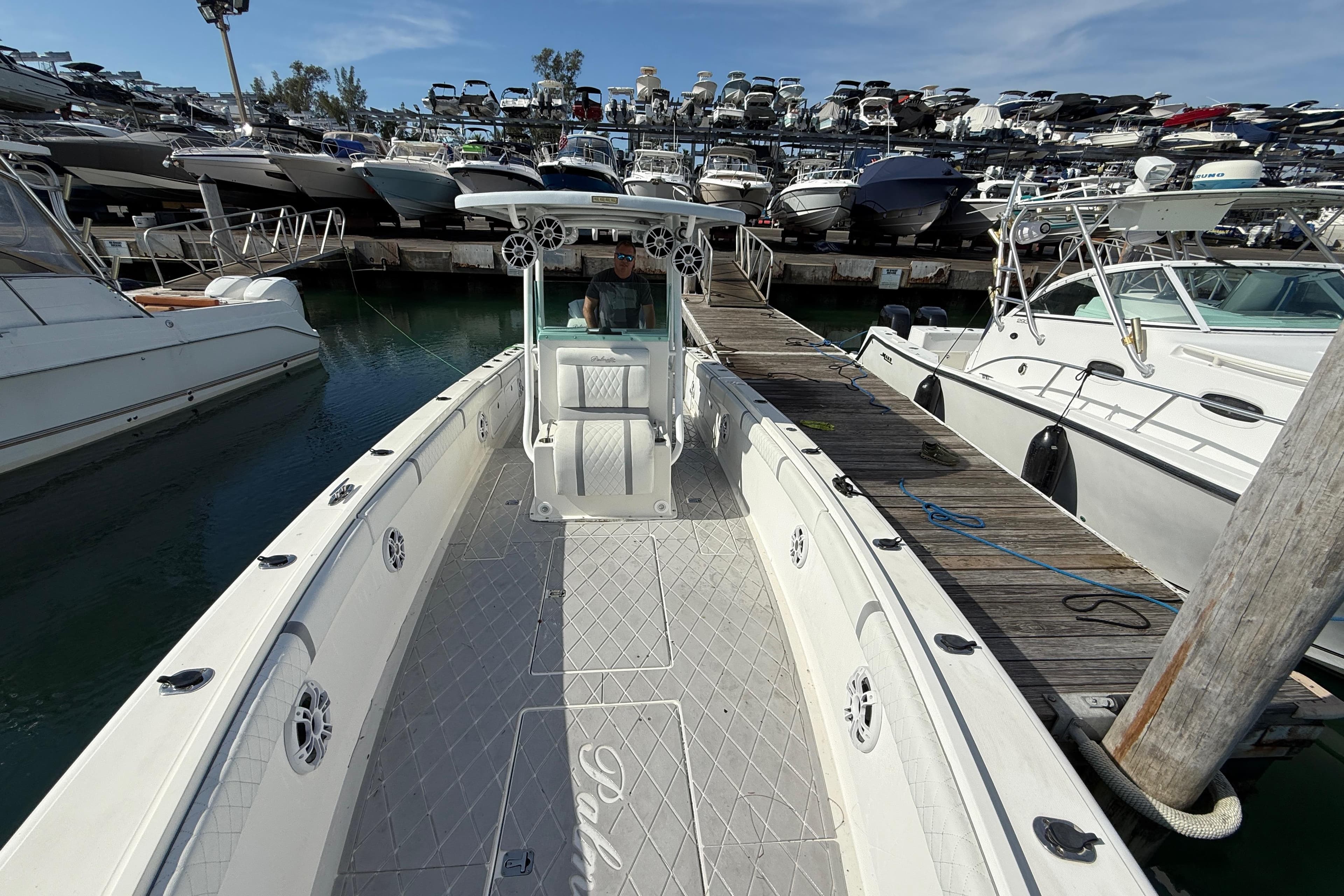 2001 Palmetto Custom 36 boat docked at marina.